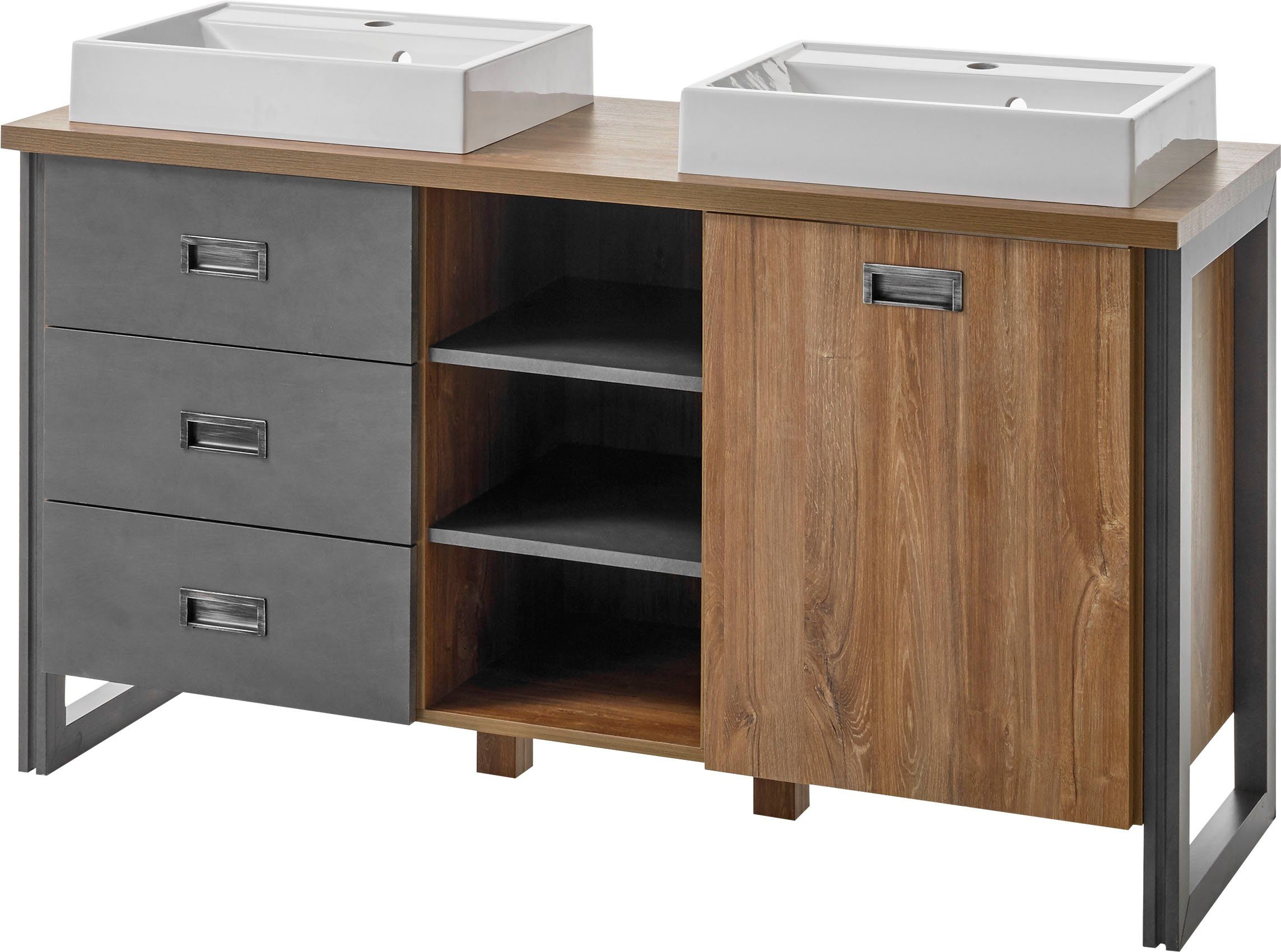 Home affaire Waschtisch Detroit, Unterschrank mit Apothekergriff, Badschrank, Industrialdesign