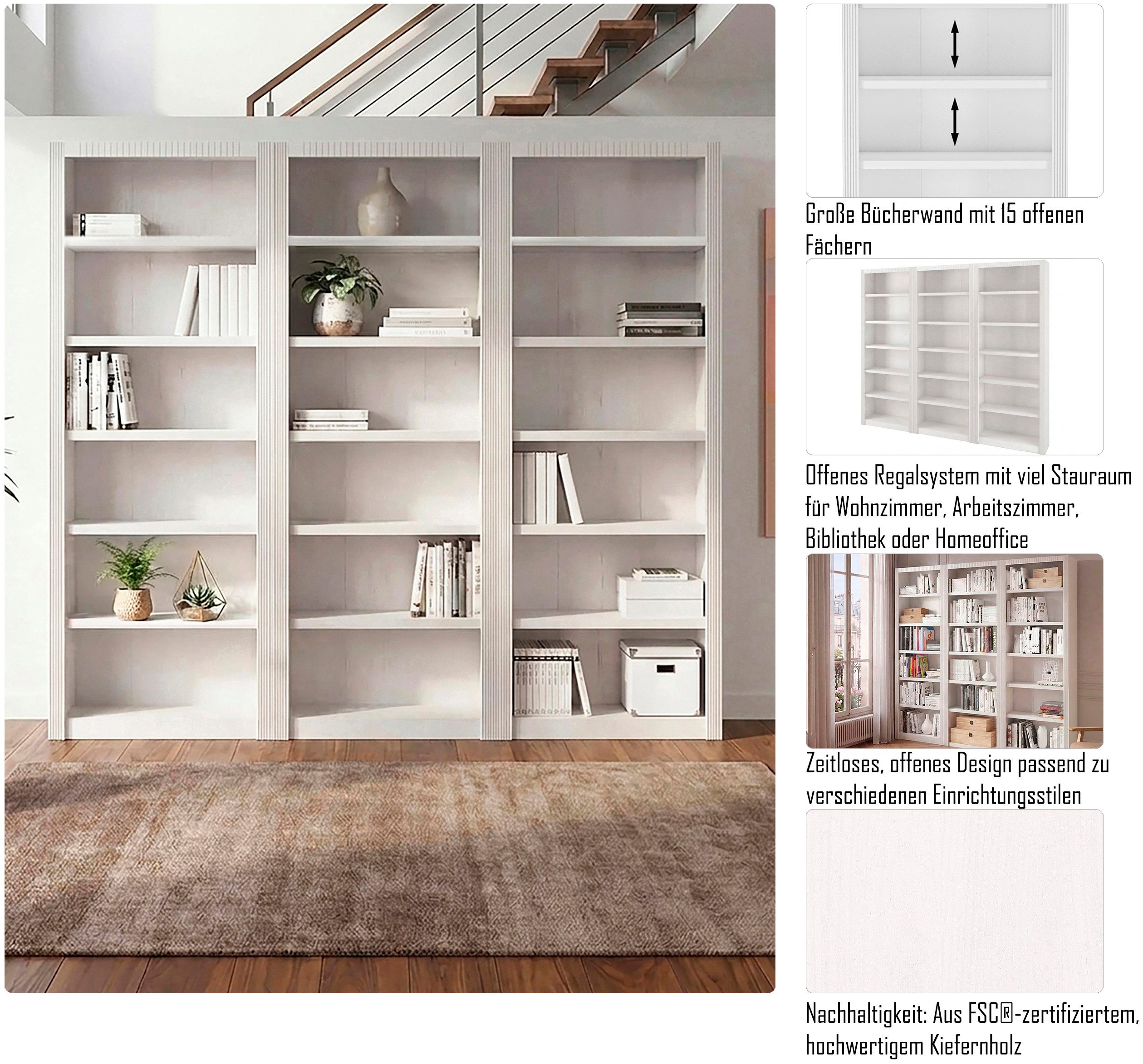 OTTO home Bücherwand Bergen, aus schönem massivem Kiefernholz, 3 tlg. – Bild 3 von 5