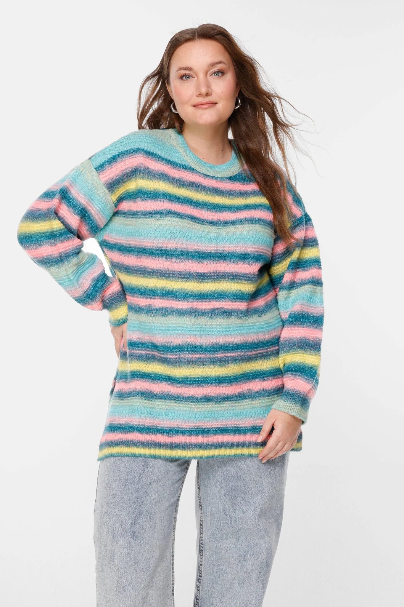 Sweater Gestreifter Oversize-Strickpullover mit Rundhalsausschnitt