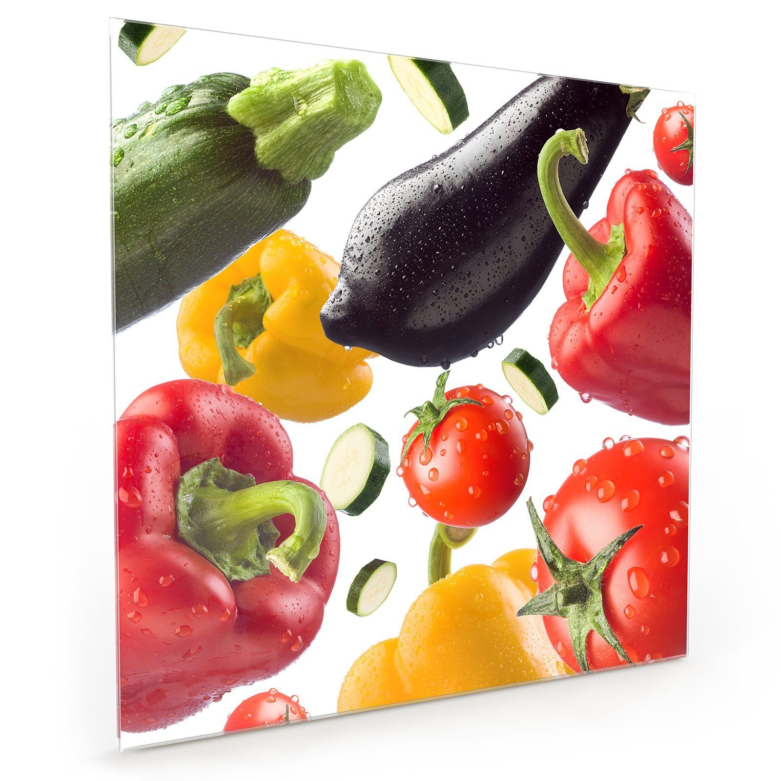 Primedeco Küchenrückwand Küchenrückwand Spritzschutz Glas mit Motiv Gemüse schwebend | Küchenrückwände