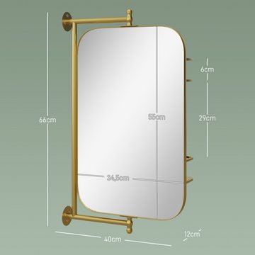 HOMCOM Badspiegel Badezimmerspiegel mit 2-stufiger Ablagefläche, Metallrahmen (Schminkspiegel, 1-St., Wandspiegel), für Badezimmer, Gold
