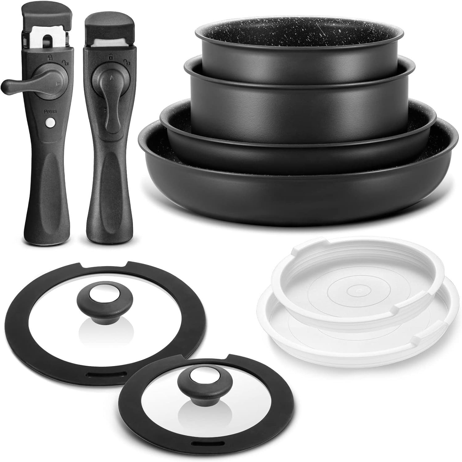 BEZIA Pfannen-Set Induktions Topf Setmit abnehmbaren Griffen und Deckel, dreilagige Antihaftbeschichtun (Set, 10-tlg), für alle Herdarten, ofenfest bis 240°C