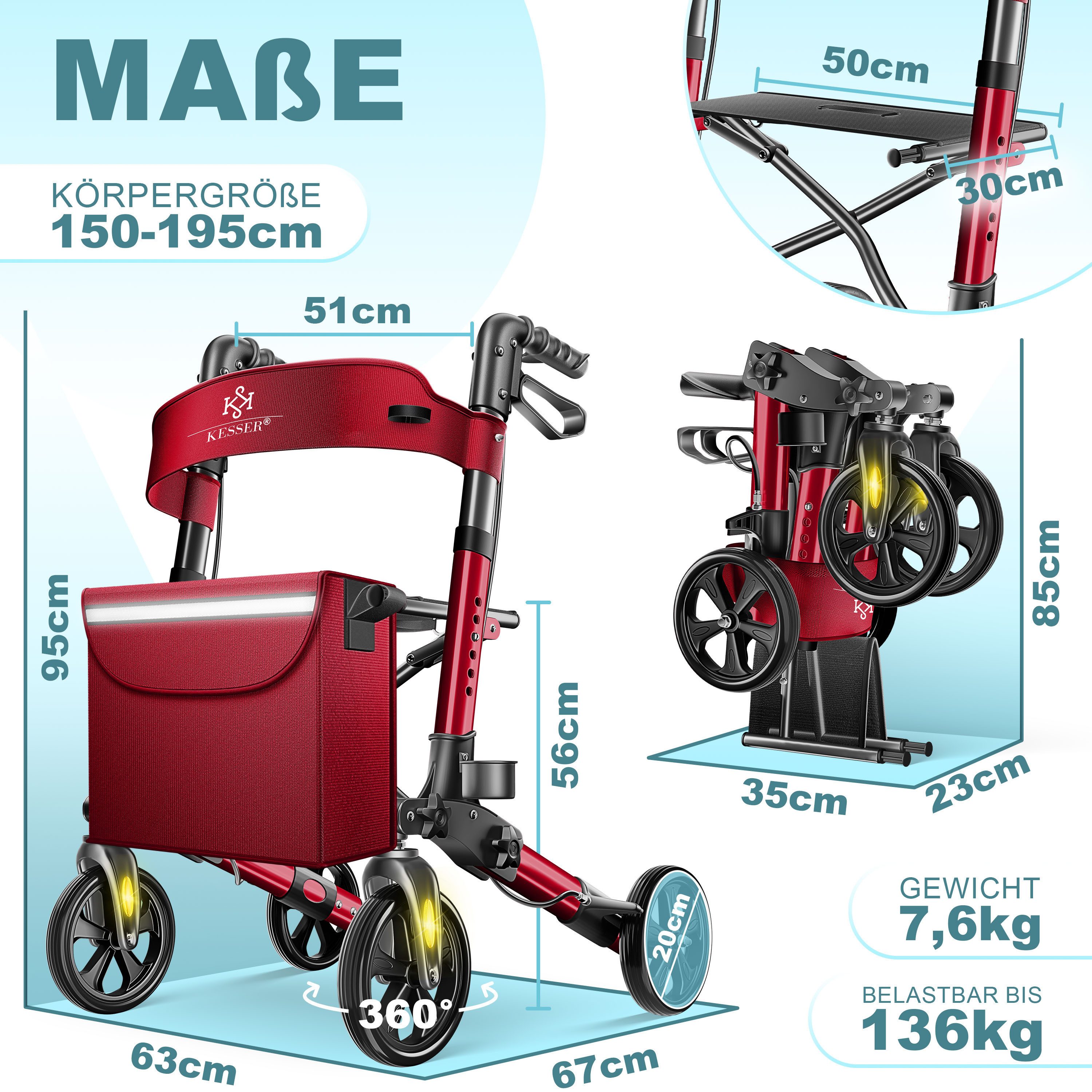 KESSER Rollator Aluminium – faltbar, höhenverstellbar & bis 136 kg belastbar, wetterbeständig, Tasche, Stockhalter, Reflektoren, 360° Gelände Reifen