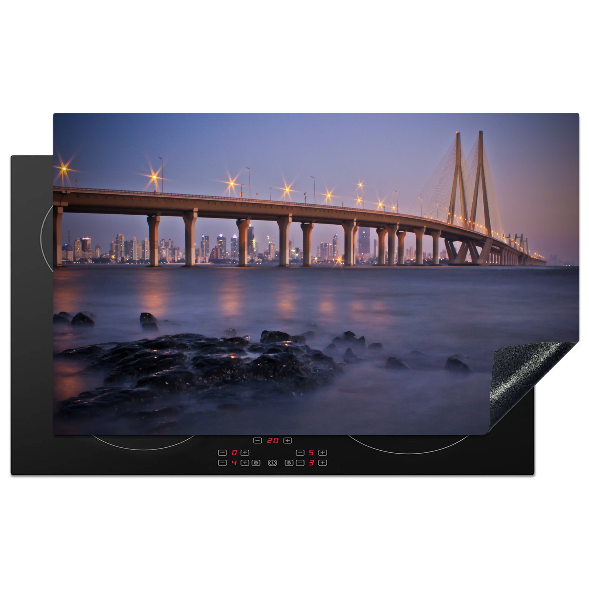 MuchoWow Herdblende-/Abdeckplatte Bild der Mumbai-Brücke, Vinyl, (1 tlg), 83x51 cm, Ceranfeldabdeckung, Arbeitsplatte für küche