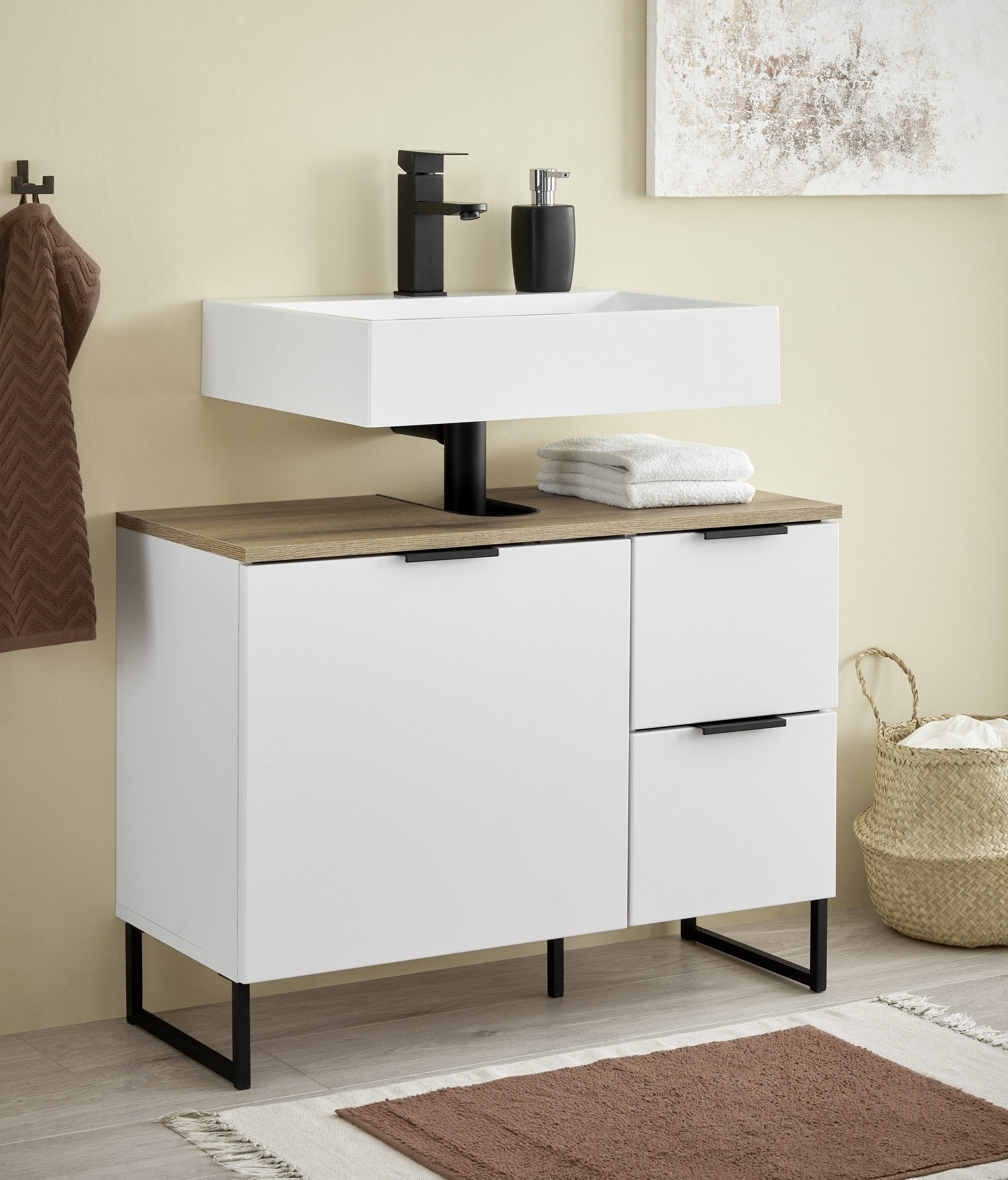 PREISBRECHER Badezimmer-Set Denver, (Highboard), (4-tlg) in weiß / Evoke Eiche Dekor - 220x195x35 (BxHxT)