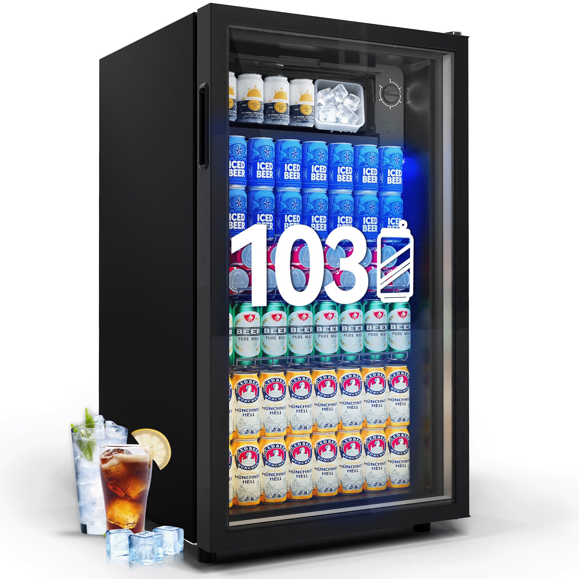 HOMALL Getränkekühlschrank 85L Getränkekühlschrank mit glastür,LED-Beleuchtung, Leiser BC-98, 79 cm hoch, 44.5 cm breit, Flaschenhalterung für Soda/Bier/Wine,für Zuhause, Mini-Bar und Büro