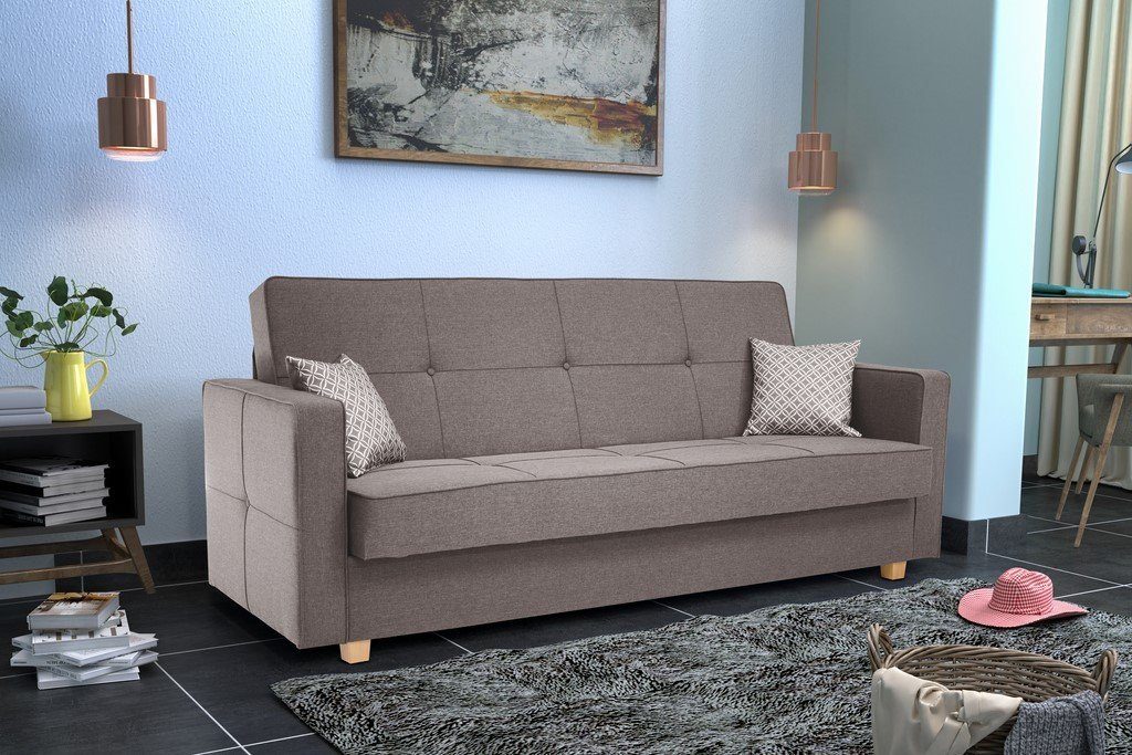 Furnix Schlafsofa MELOTTE Polstercouch mit Schlaffunktion & Bettkasten, Klick-Klick-Mechanik, B216 x H95 x T95 cm, Made in EU LX27 Heide-Braun