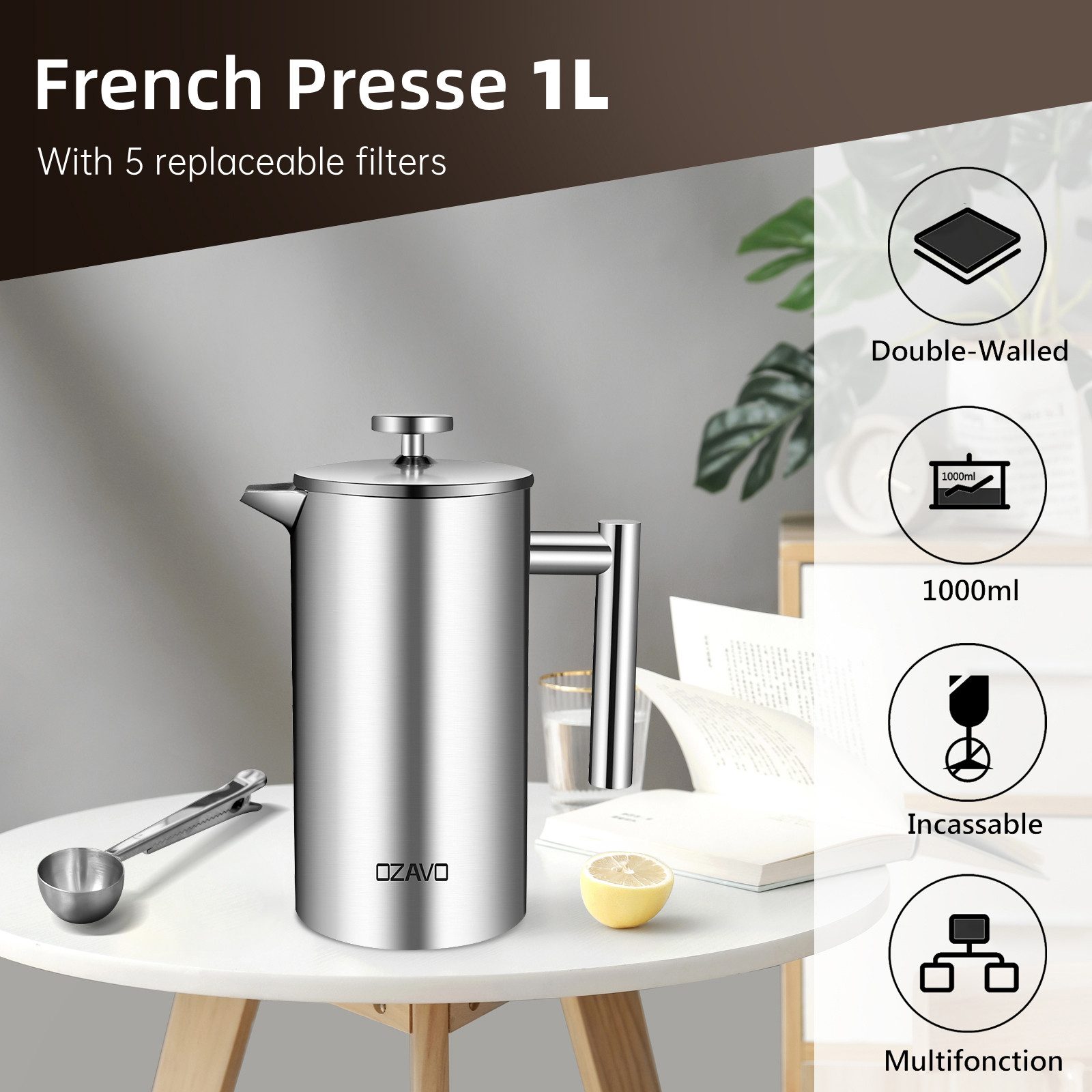 OZAVO Kaffeebereiter French Press 1000ML mit 5 Ersatzfilter und 1 Löffel, Doppelwandige Edelstahl Kaffeekanne Kaffeepress Silber