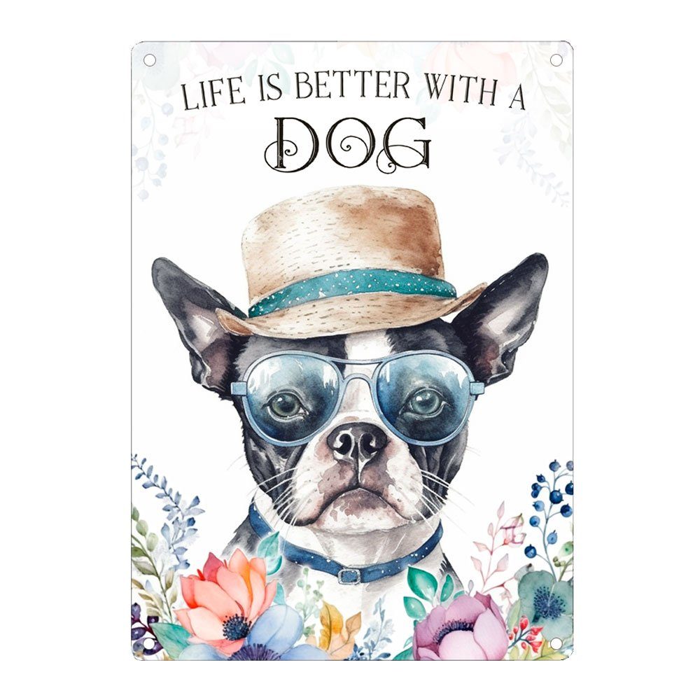 Cadouri Metallschild Hundeschild BOSTON TERRIER - Dekoschild mit Hunderasse, Geschenk, (1 St., Wandschild mit vier vorgebohrten Löchern), UV-beständig, 28,5 x 20 cm, abgerundete Ecken, für Hundebesitzer