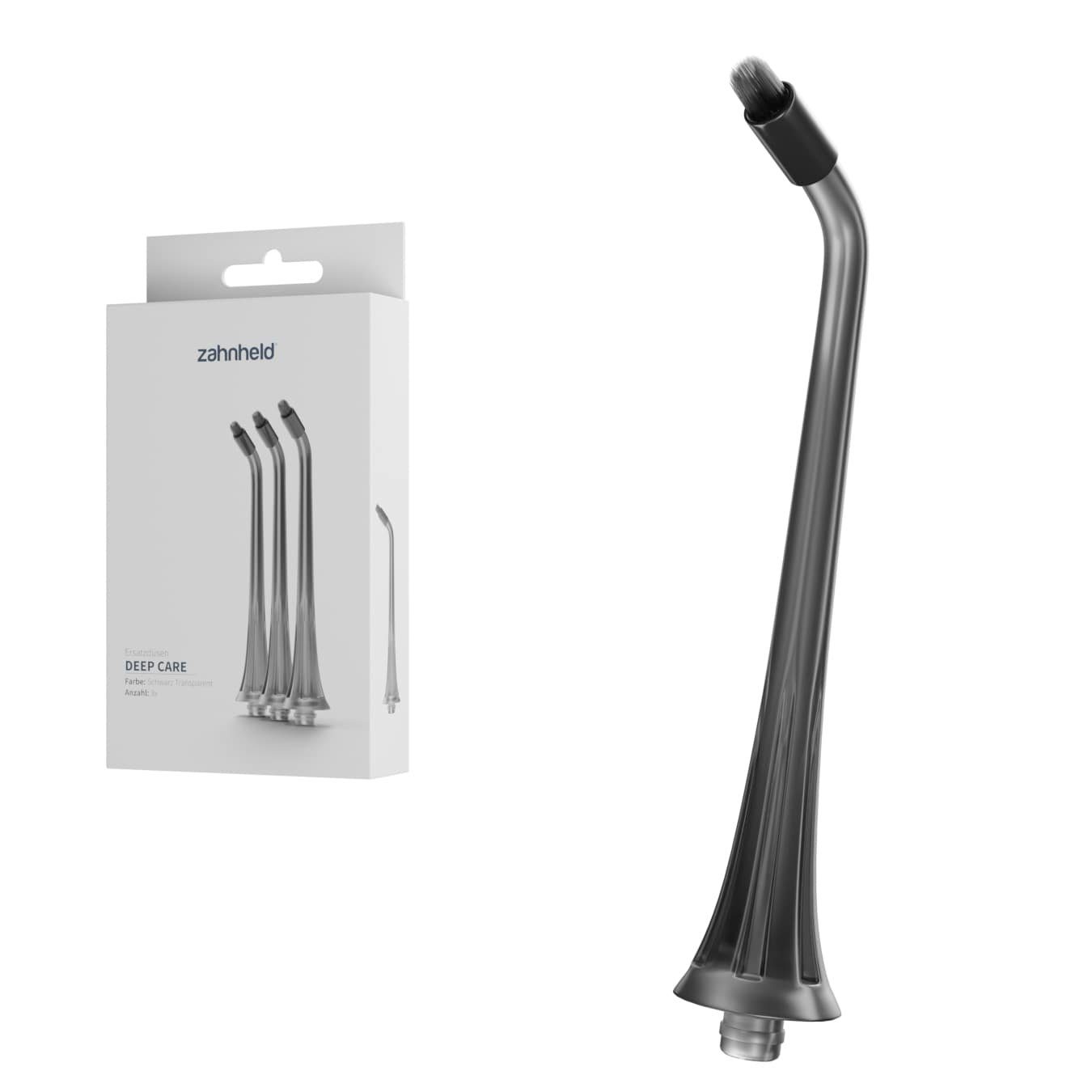 Zahnheld Aufsteckbürsten Zahndusche Ersatzdüsen Deep Care - für Zahnheld Munddusche Aquadent, 3 Stück, Schwarz, mit extra Borsten, im 3er, 6er oder 9er Set, Zahnpflege Set, Water Flosser, effektive Reinigung Zahnzwischenräume, für Munddusche
