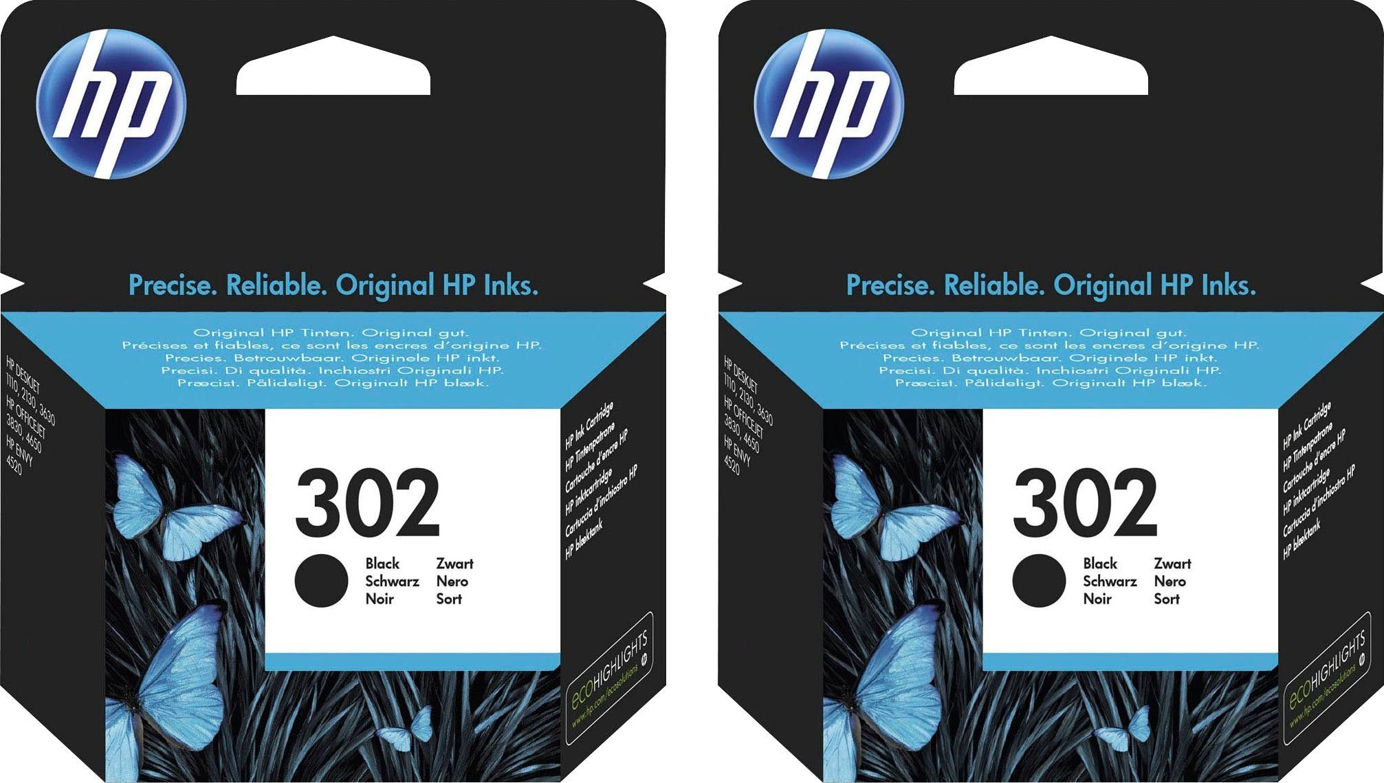 HP HP original Druckerpatrone 302 Black, Doppelpack Tintenpatrone (Set, 2-tlg., original Druckerpatrone 302 schwarz)