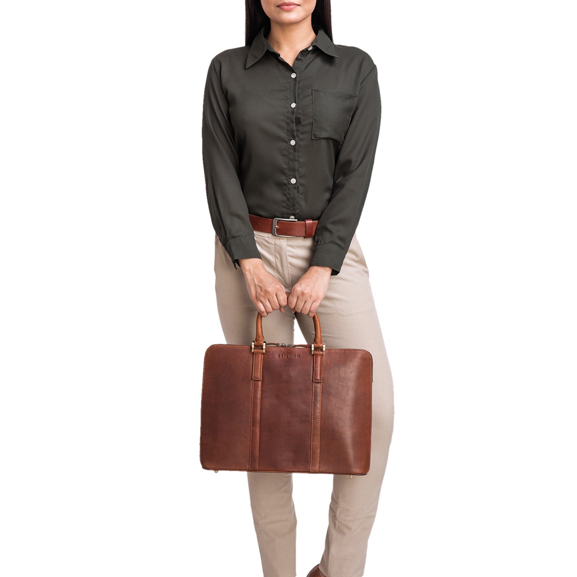 "Clover" Leder Arbeitstasche porto - Handtasche cognac Damen STILORD