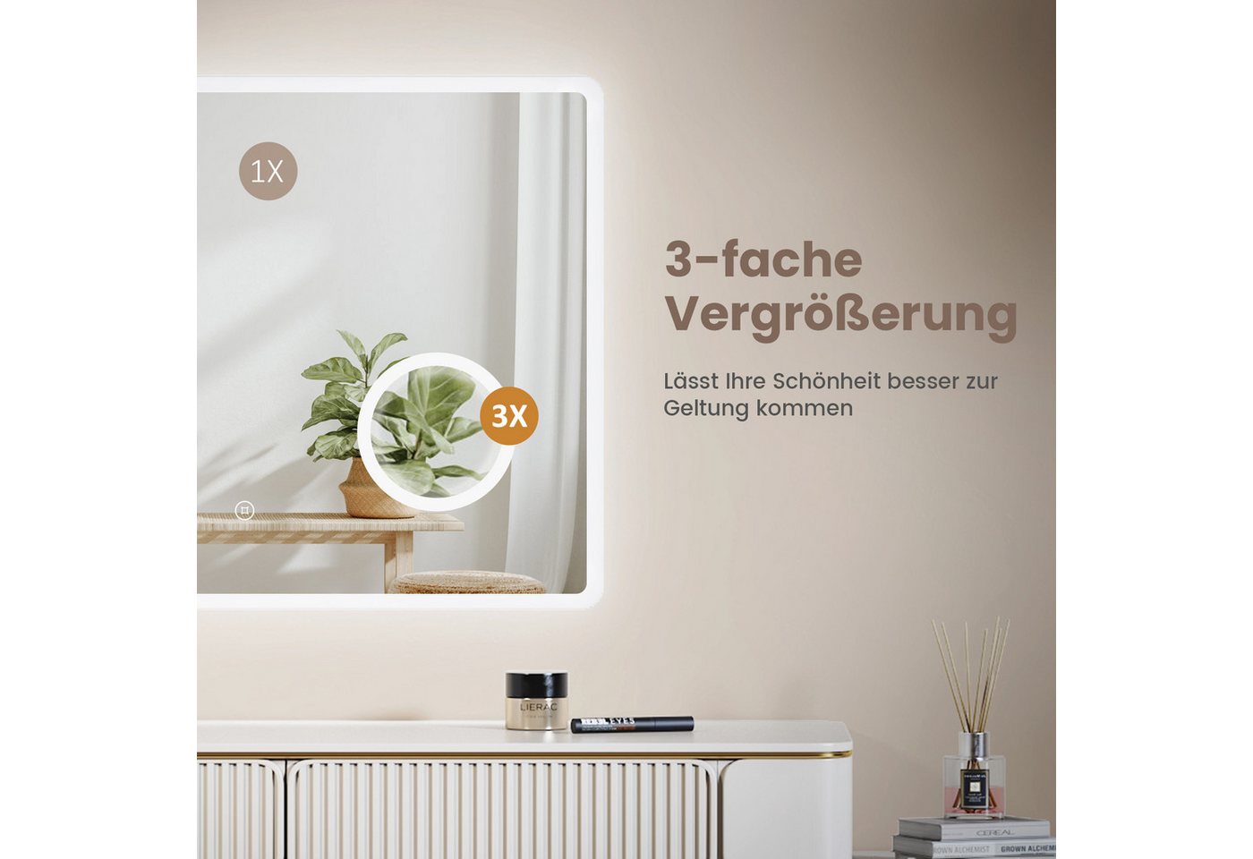 Thumbnail - EMKE Badspiegel mit Beleuchtung LED Wandspiegel 3-fach Vergrößerung Kosmetikspiegel (Modell 13, Breit: 80~100cm, Touchsc...