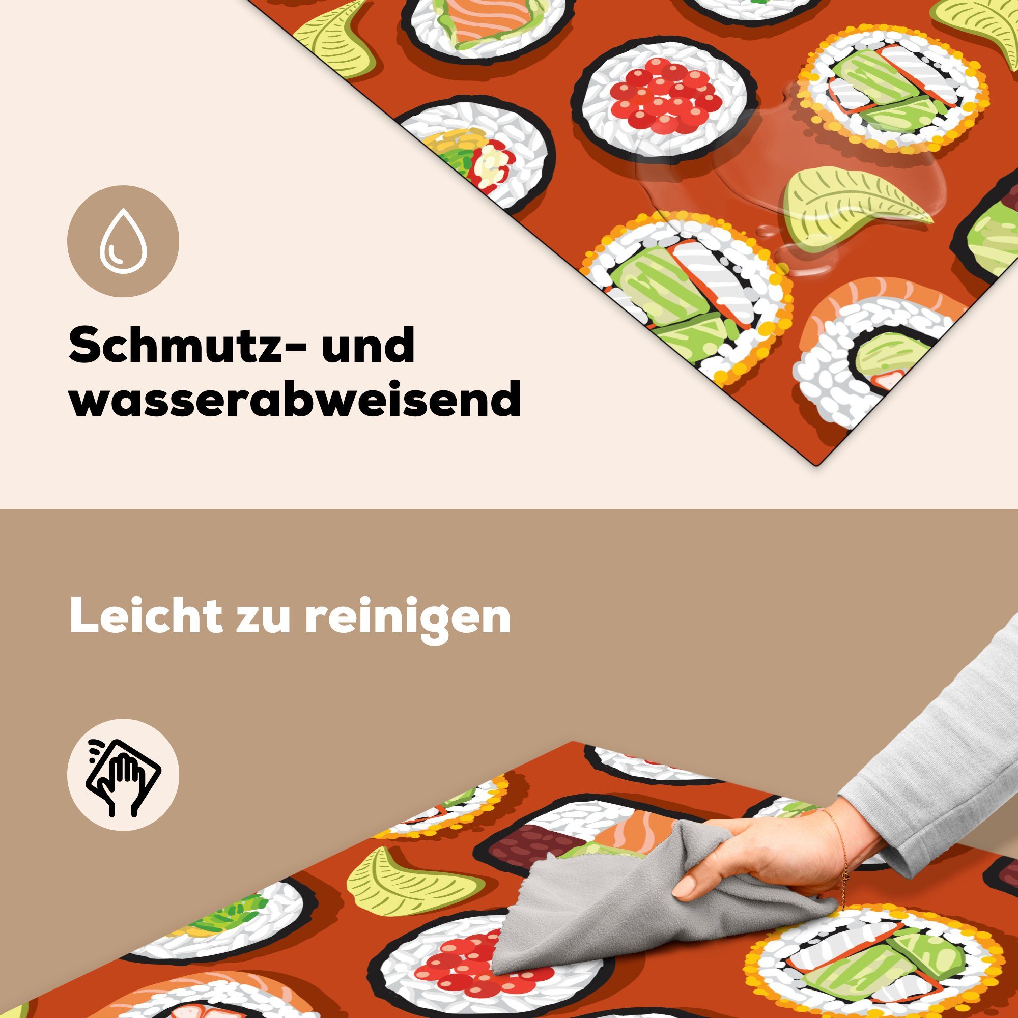 küche (1 cm, Ceranfeldabdeckung, tlg), Sushi-Illustration auf für Herdblende-/Abdeckplatte Hintergrund, Vinyl, braunem Arbeitsplatte MuchoWow 78x78