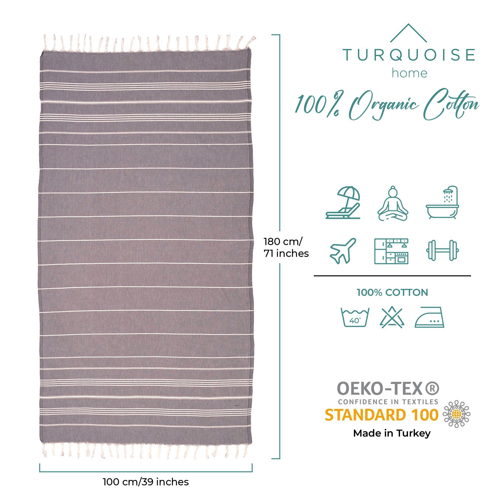 Turquoise Home Hamamtuch 100% Bio-Baumwolle 100 x 180cm Strandtuch Strand S günstig online kaufen