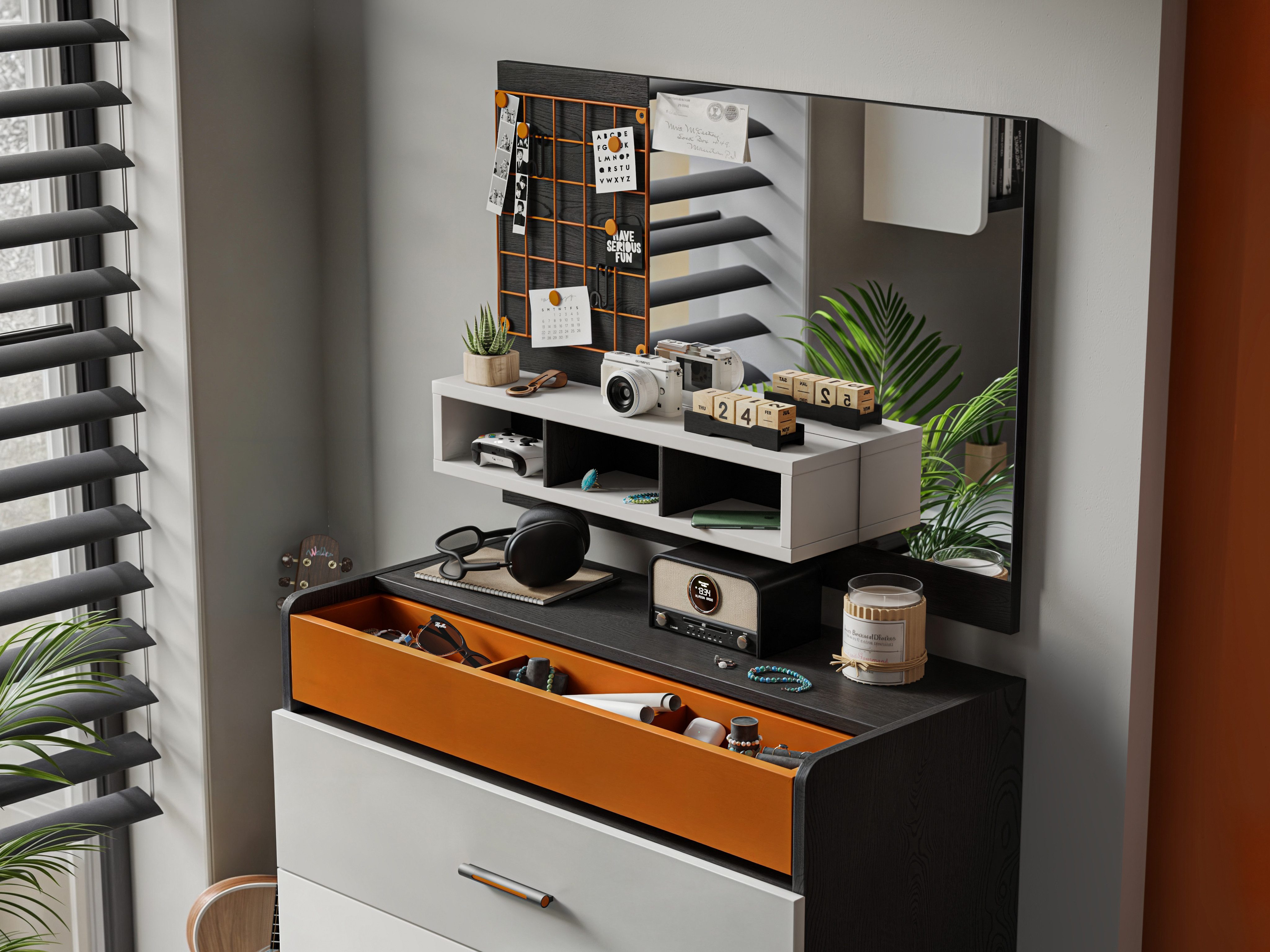 Möbel-Zeit Kommode TREND – Schwarz/Weiß/Grau/Orange – 4 Schubladen mit Soft-Close