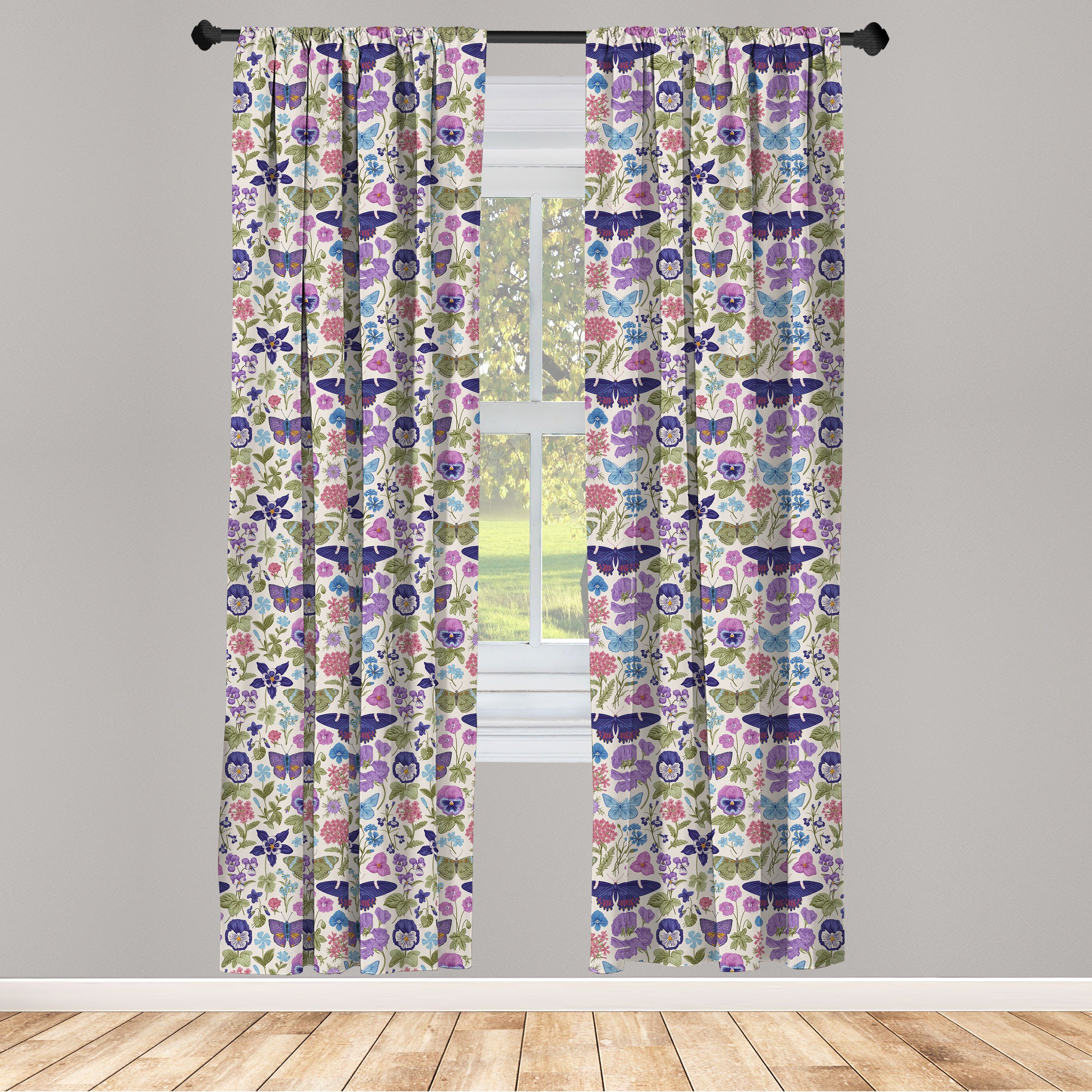 Gardine Vorhang für Wohnzimmer Schlafzimmer Dekor, Abakuhaus, Microfaser, Blumen Schmetterlings-Stiefmütterchen Blumen-Blatt