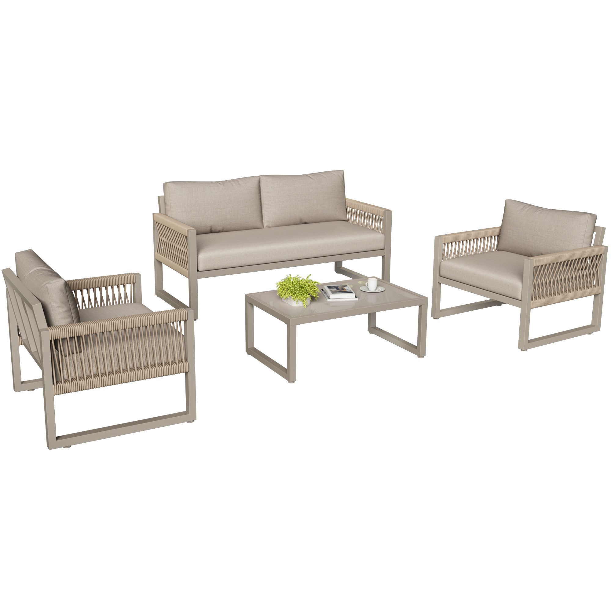 KLAM HOME Gartenlounge-Set Wasserdicht Gartenmöbel-Set aus Seil mit verzinktem Eisenrahmen, (4tlg, 1 Doppelsofa 2 Einzelsitze 1 Tisch inklusive aller Kissen), mit verstellbaren Füßen für Garten Innenhof Balkon Outdoor Indoor