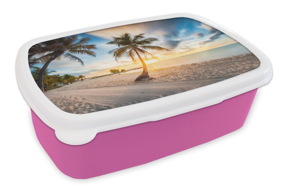 MuchoWow Lunchbox Sonnenuntergang Kunststoff rosa Snackbox, - Palme, Kinder, Mädchen, Kunststoff, (2-tlg), Strand Erwachsene, für - Brotbox Brotdose
