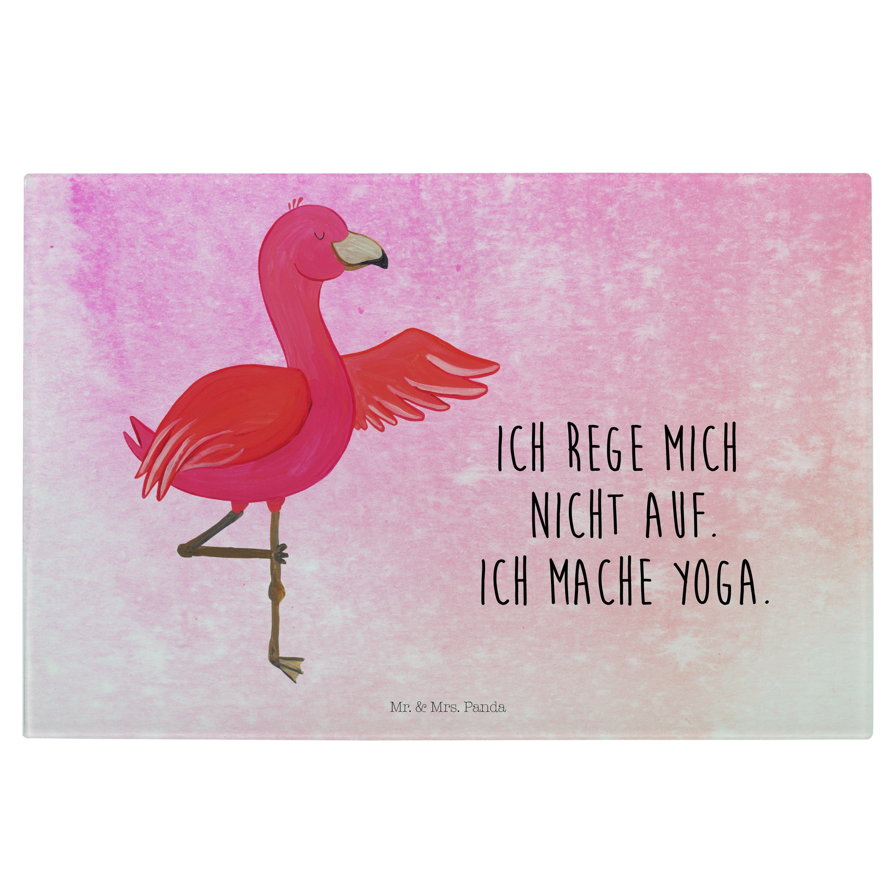 Mr. & Mrs. Panda Servierbrett Flamingo Yoga - Aquarell Pink - Geschenk, Achtsamkeit, Tiefenentspann, Premium Glas, (1-St)
