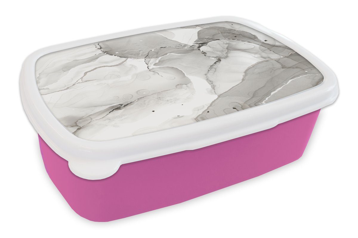 MuchoWow Lunchbox Marmor - Schwarz - Weiß, Kunststoff, (2-tlg), Brotbox für Erwachsene, Brotdose Kinder, Snackbox, Mädchen, Kunststoff rosa