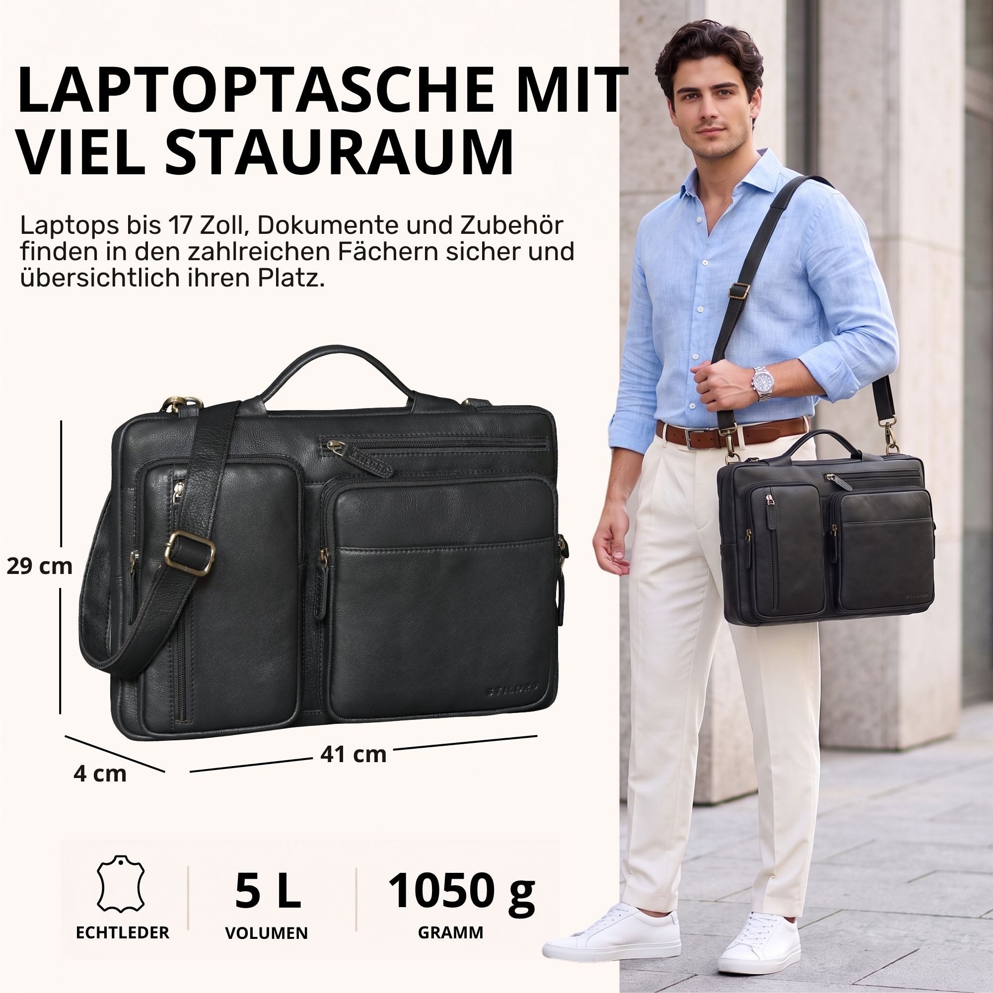 STILORD Laptoptasche "Torsten" Laptoptasche Herren Leder Sleeve 15,6-17 Zoll