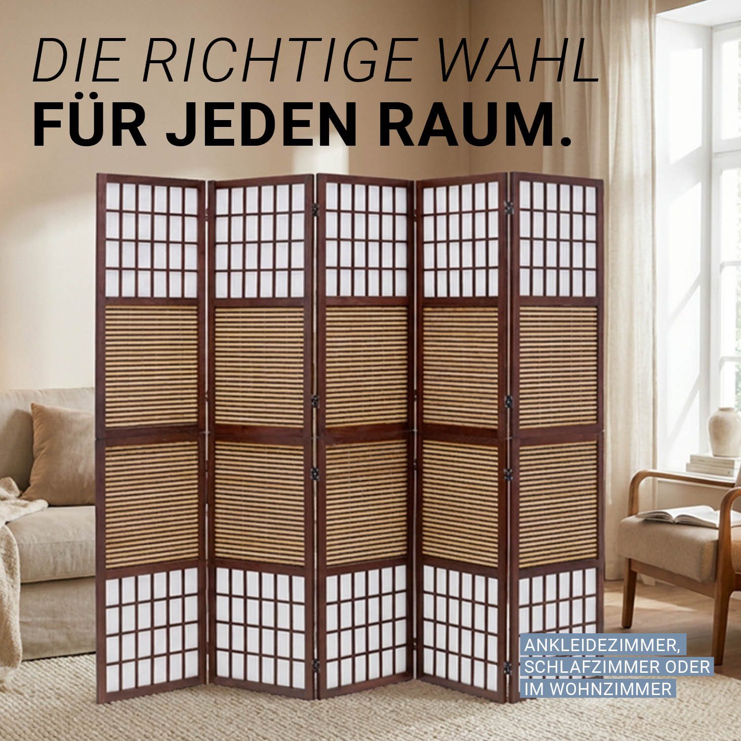 Homestyle4u Paravent Raumteiler Braun Holz Spanische Wand Sichtschutz Indoor Bambus Schwarz (5-teilig), Trennwand, faltbar