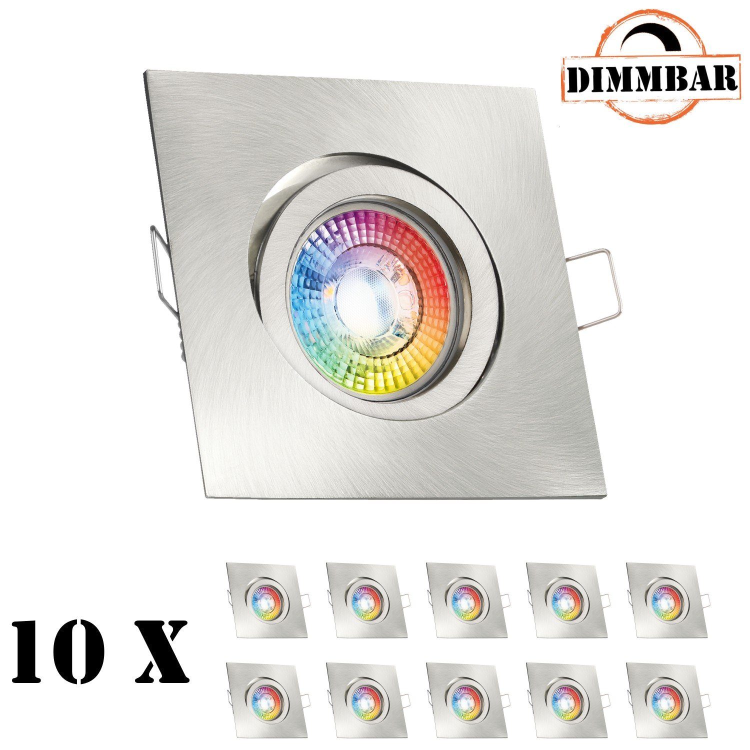 LEDANDO LED Einbaustrahler 10er RGB LED Einbaustrahler Set extra flach in silber gebürstet mit 3W | Strahler
