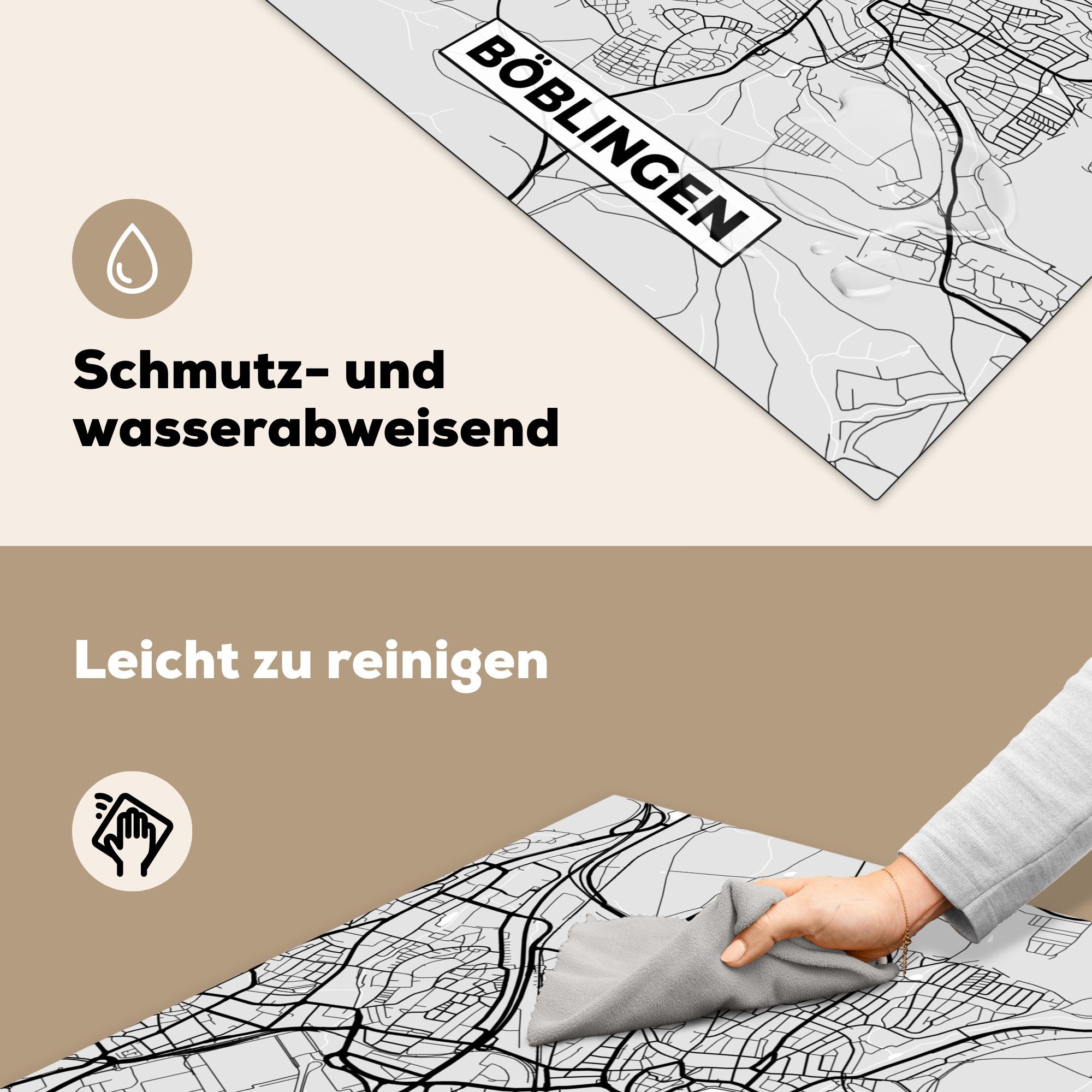 Arbeitsplatte - tlg), cm, Böblingen Karte, Deutschland 78x78 (1 Stadtplan - Vinyl, Ceranfeldabdeckung, - - für Karte MuchoWow Herdblende-/Abdeckplatte küche