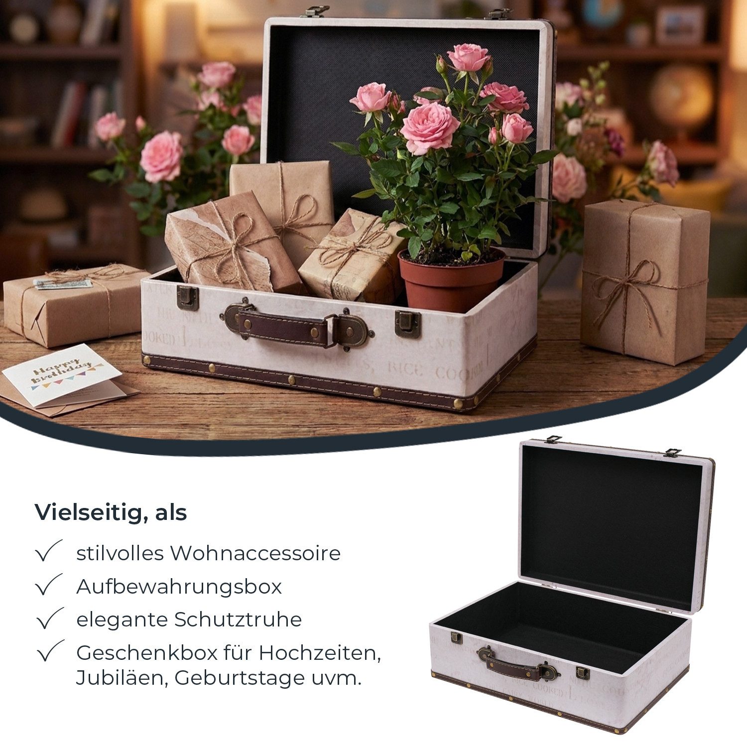 HMF Aufbewahrungsbox Handgefertigter Vintage Koffer aus Holz, Deko Koffer (versch. Größen), Geschenkkoffer im Rosen Design