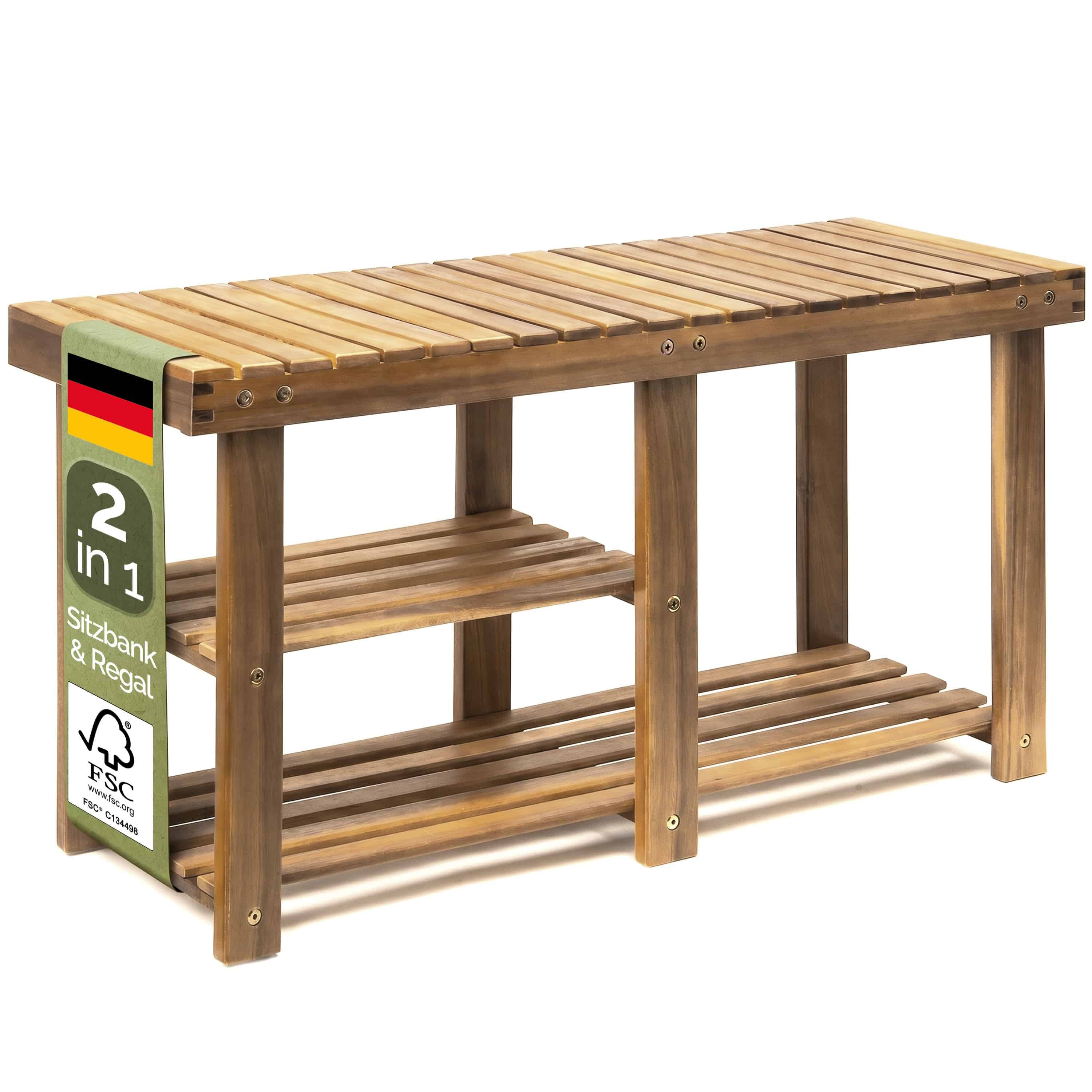 Casaria Schuhregal, mit Sitzfläche 87x45x30cm 160kg Belastbarkeit 3 Ebenen Akazie Holz