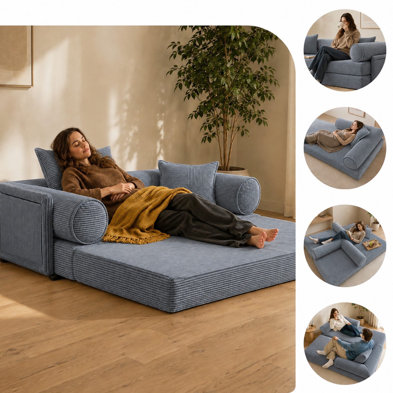 Hoolamyie Sofa 6-in-1 Cord Schlafsofa mit Schlaffunktion, 200 cm breit, 2-Sitzer, Modulares Sofa, ohne Montage, komprimiert verpackt, bis 200 kg – Bild 4 von 5