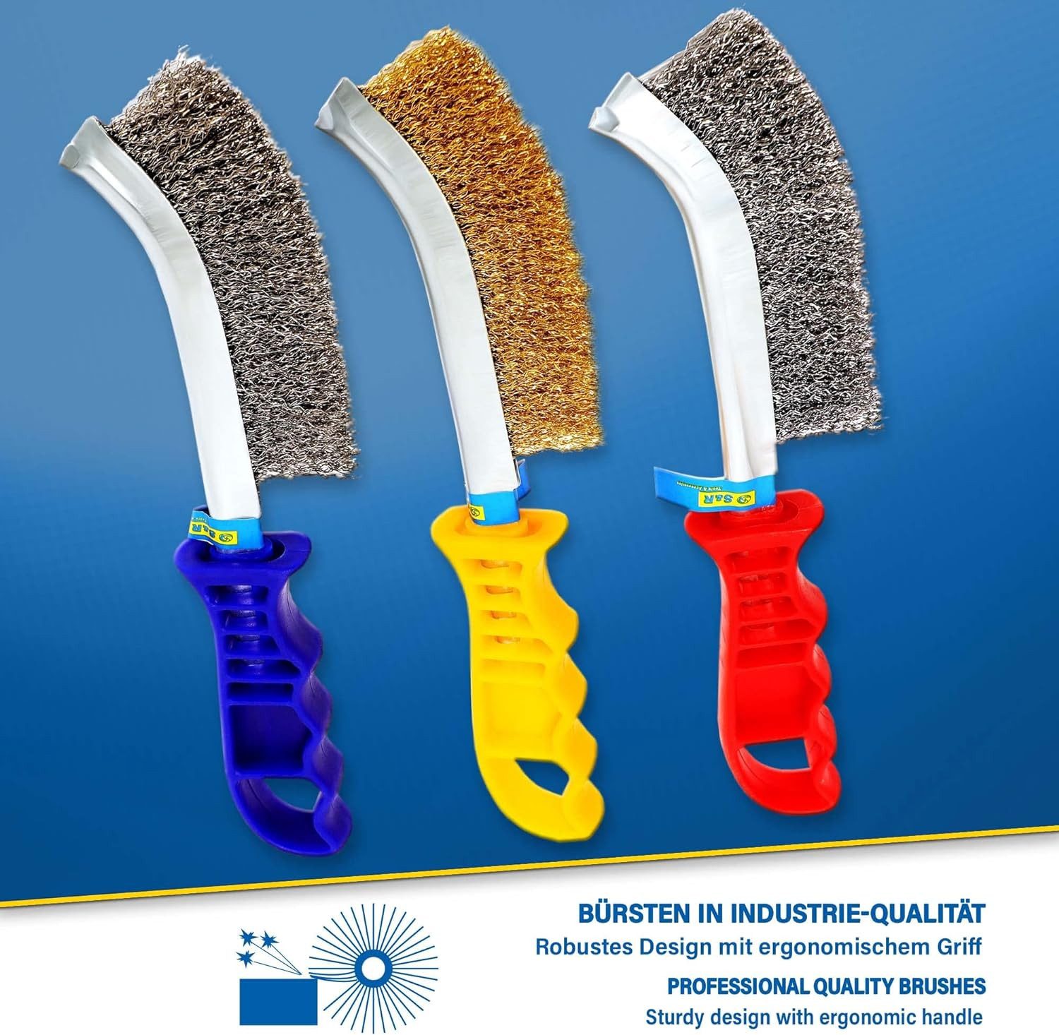 S&R Reinigungsbürsten-Set Handdrahtbürste-Set, Drahtbürste 125mm Bürste, Entgraten, Entrosten, (Set, 3-tlg., 3-teilig mit Edelstahlbürste, Messingbürste und Stahlbürste), Schweißnahtreinigung, Bearbeitung von Metallen, Holz