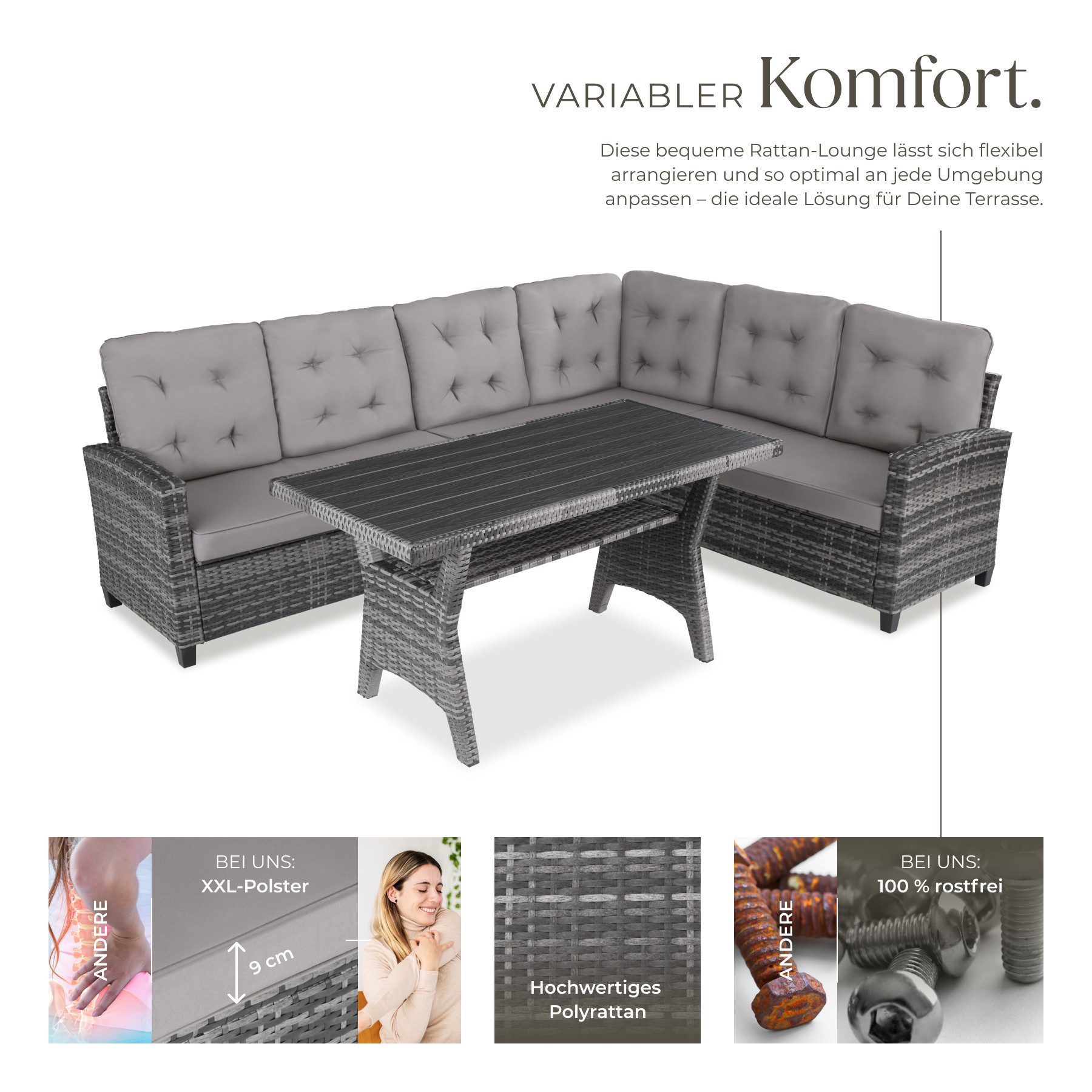 tectake Loungeset Rattan Sitzgruppe inkl. Tisch mit Schraubfüßen, für 6 Personen, (Gartenlounge-set Catania, 3-tlg., geeignet für Outdoor in Grau), widerstandsfähig und UV-beständig, Dicke der Sitzpolster 9 cm