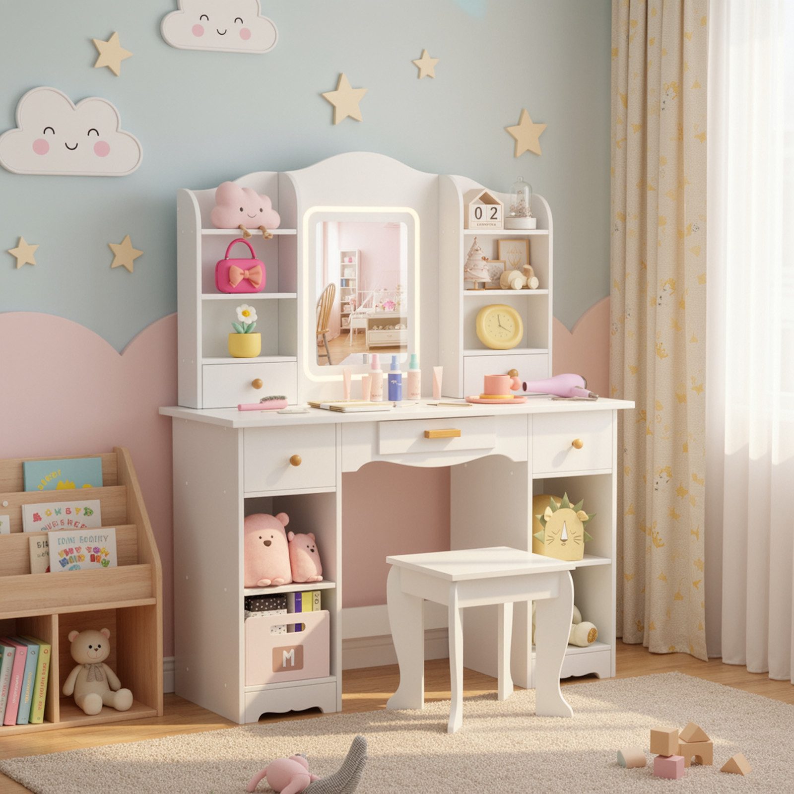 TLGREEN Schminktisch LED-beleuchteter Schminktisch für Mädchen mit Spiegel (Kinderschminktisch, 95cm großer Stauraum Schreibtisch Kinder, 5 Schubladen Spieltisch mit Beleuchtung und Sicherheitsacrylspiegel), Geschenk für Mädchen Geburtstag Weihnachten