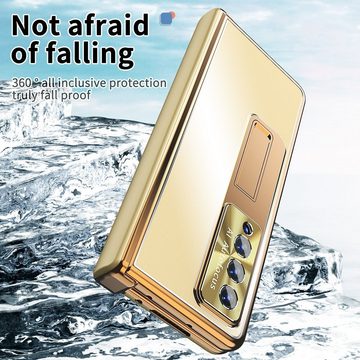 Wigento Handyhülle Für Samsung Galaxy Z Fold4 5G Magnetische Aluminium / Glas Handy Tasche Hülle Etuis Champagner / Gold + Stift