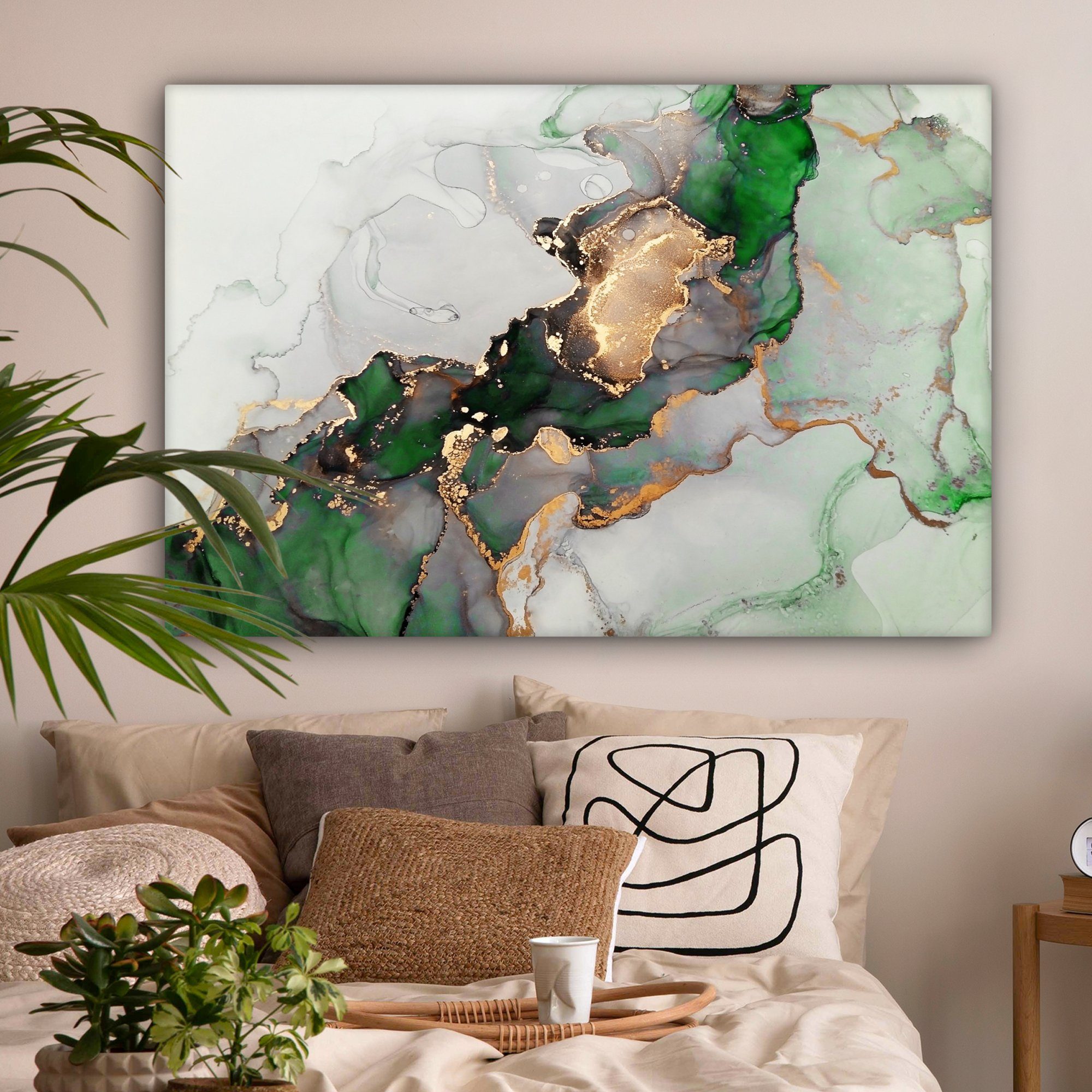 OneMillionCanvasses® Leinwandbild Marmor - Gold - Grün - Luxus, Fotodruck (1 St), Wandbild XXL für Wohnzimmer Küche 120x80 cm