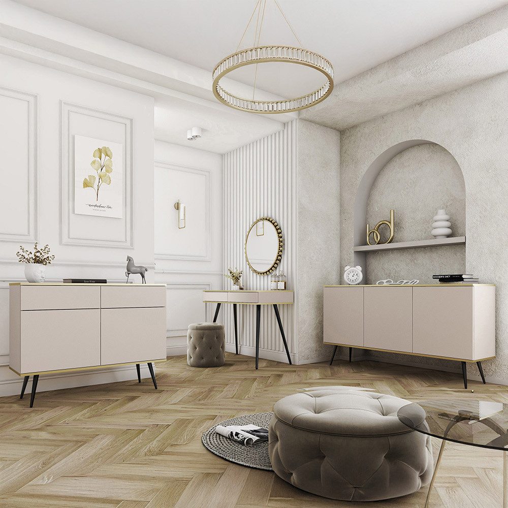 Lomadox Wohnzimmer-Set OLOVO-160, (Mega-Spar-Set, 3-St., Schminktisch), Beige, Metallbeine schwarz, Push-to-open, goldene Highlights