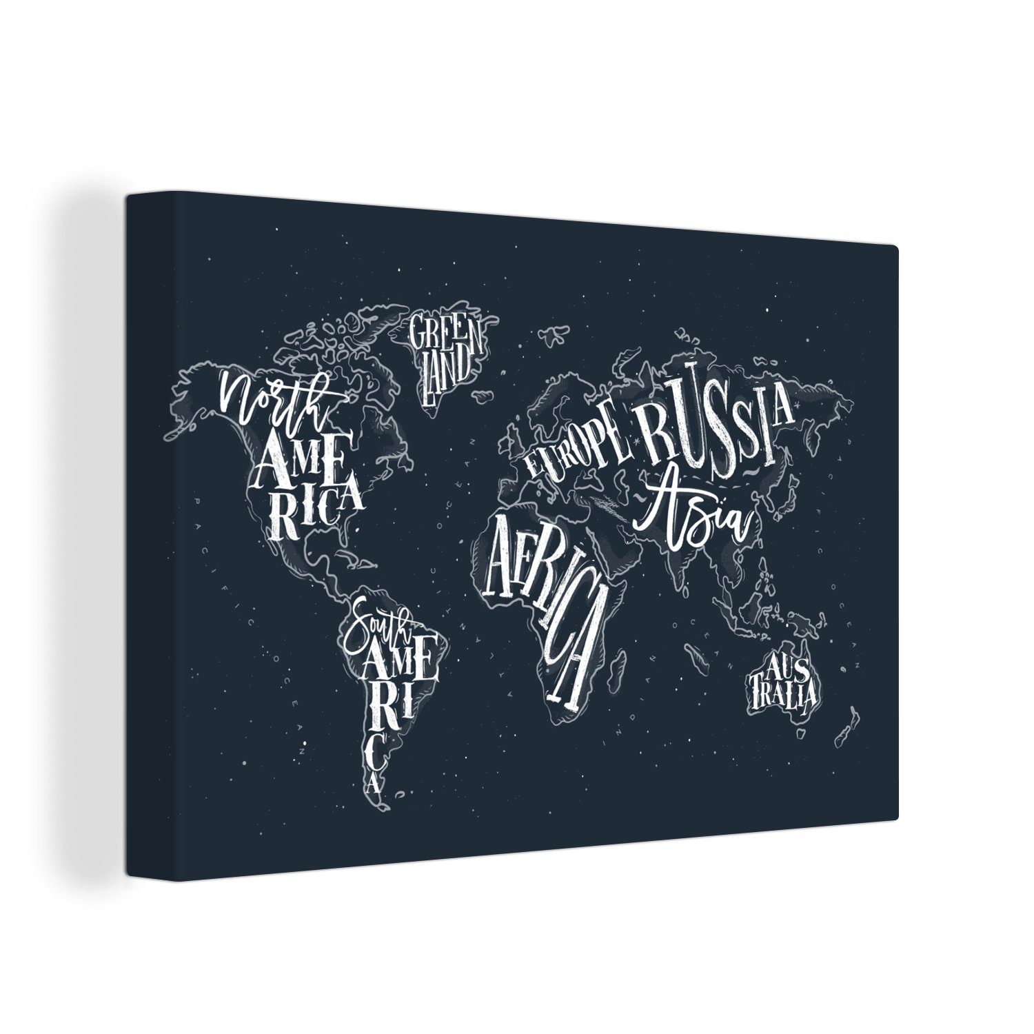OneMillionCanvasses® Leinwandbild Weltkarte - Schwarz - Weiß - Buchstaben, (1 St), Wandbild Leinwandbilder, Aufhängefertig, Wanddeko, 30x20 cm