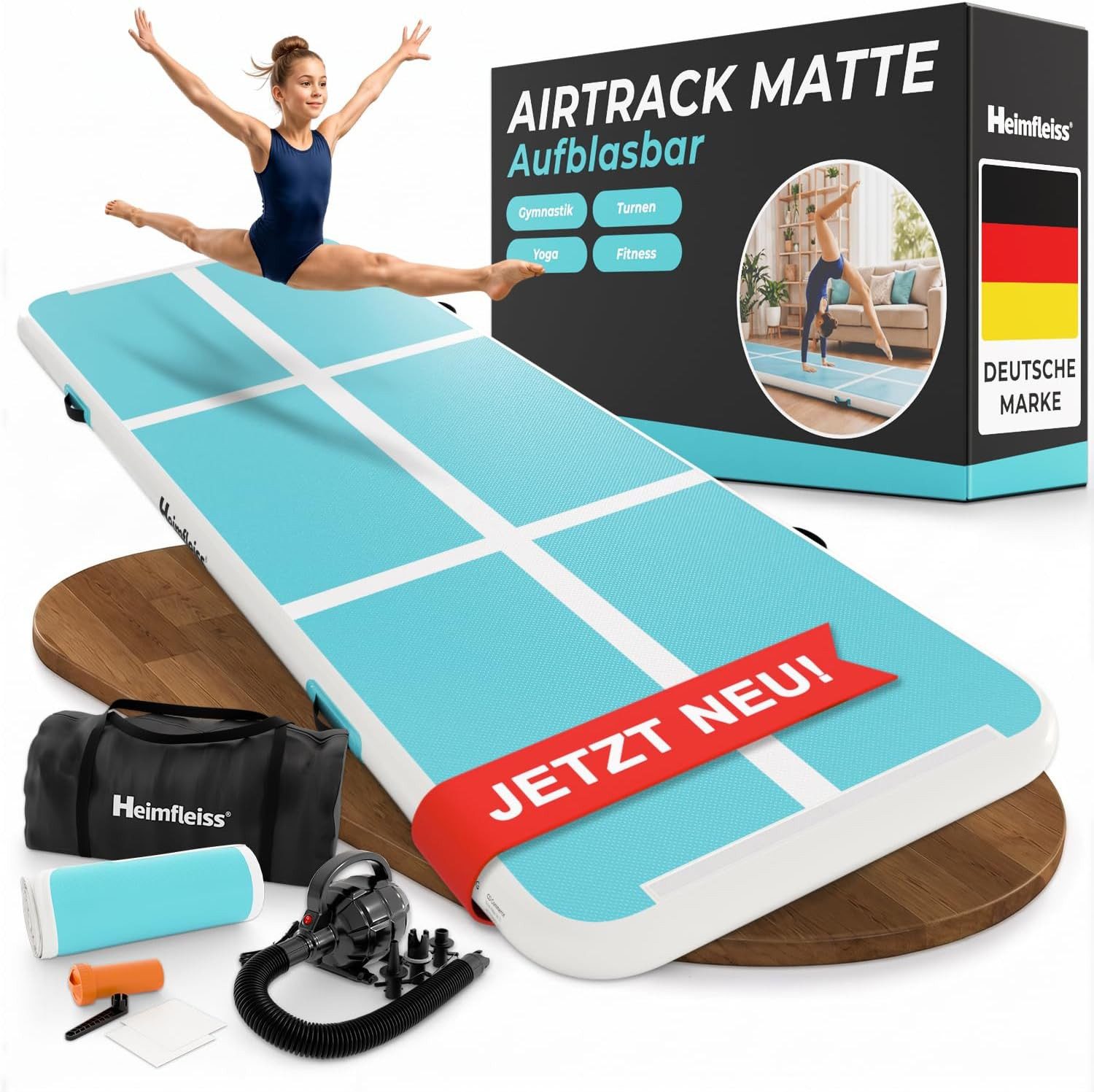 Heimfleiss® Turnmatte Airtrack aufblasbar 300x100x10 cm (Air Track Matte mit Elektropumpe, inkl. Tragetasche und Reparaturset), bis 150 kg belastbar