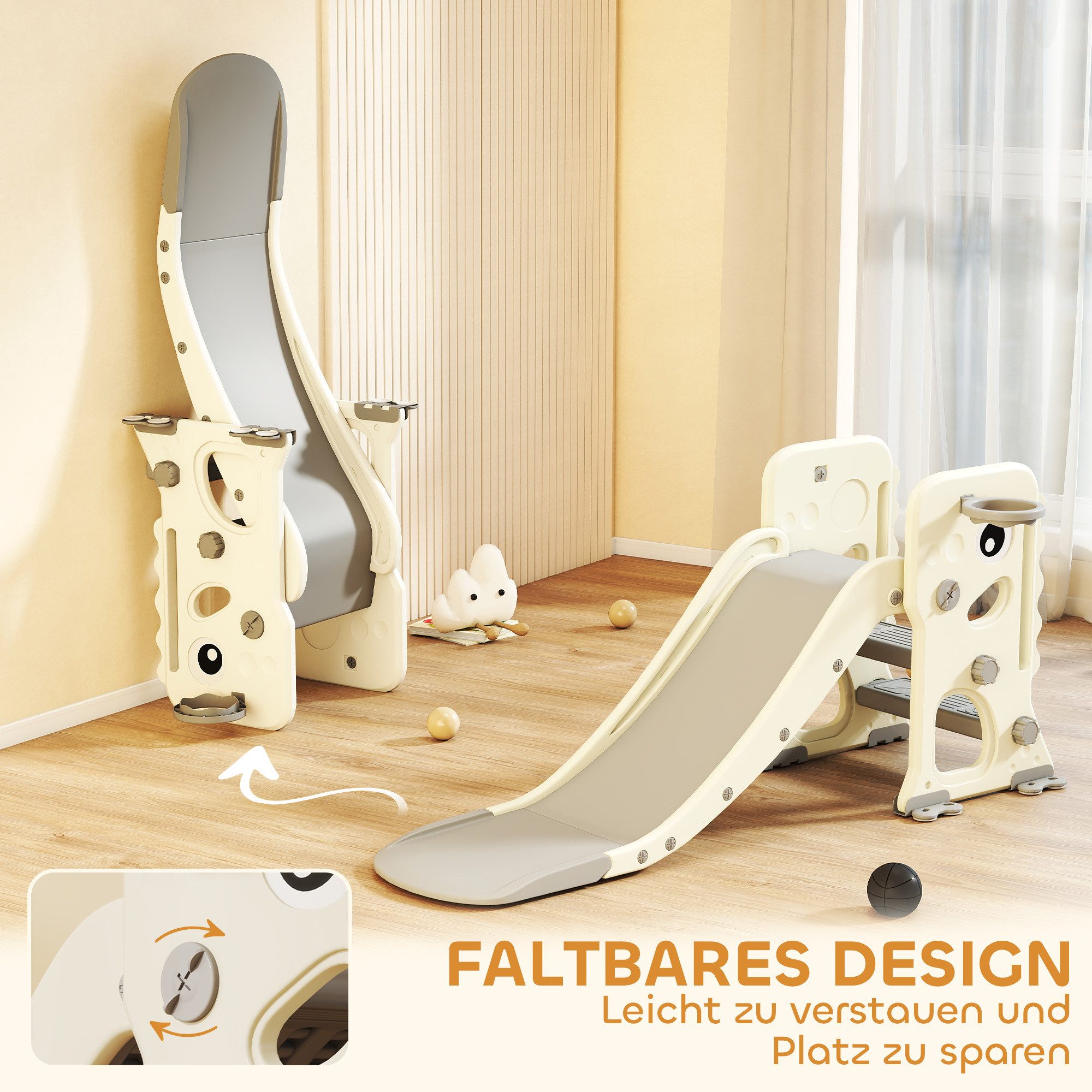 AIYAPLAY Slide with Basketball Hoop, Buckles, Climbing Frame, Basketball (Foldable Toddler Slide, 1-piece, 3 in 1 Children's Slide), for Children 2-5 Years, Indoor, Cream White 146 x 52 x 65 cm