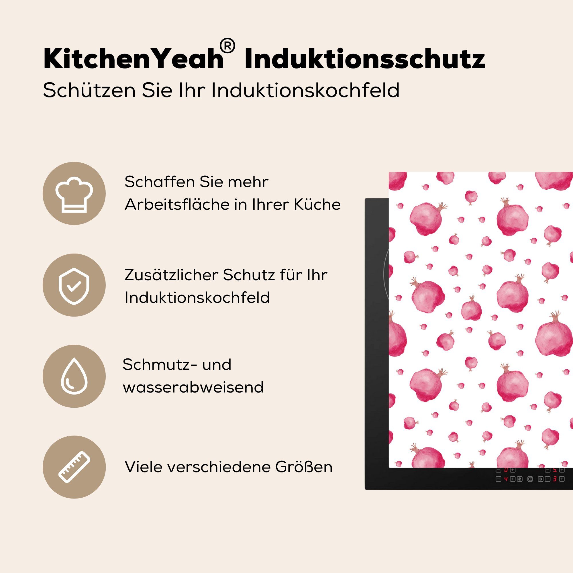 Vinyl, MuchoWow für tlg), Herdblende-/Abdeckplatte cm, - Ceranfeldabdeckung, Design, (1 78x78 - küche Arbeitsplatte Obst Granatapfel