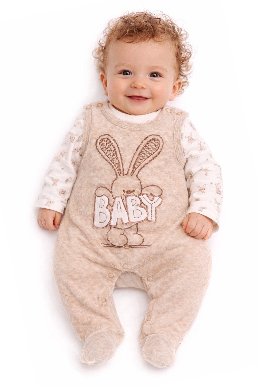 La Bortini Strampler Zweiteiliger Baby Anzug und Langamrshirt in Beige mit Häschen aus weichem Velours und Baumwolle, 44 50 56 62 68