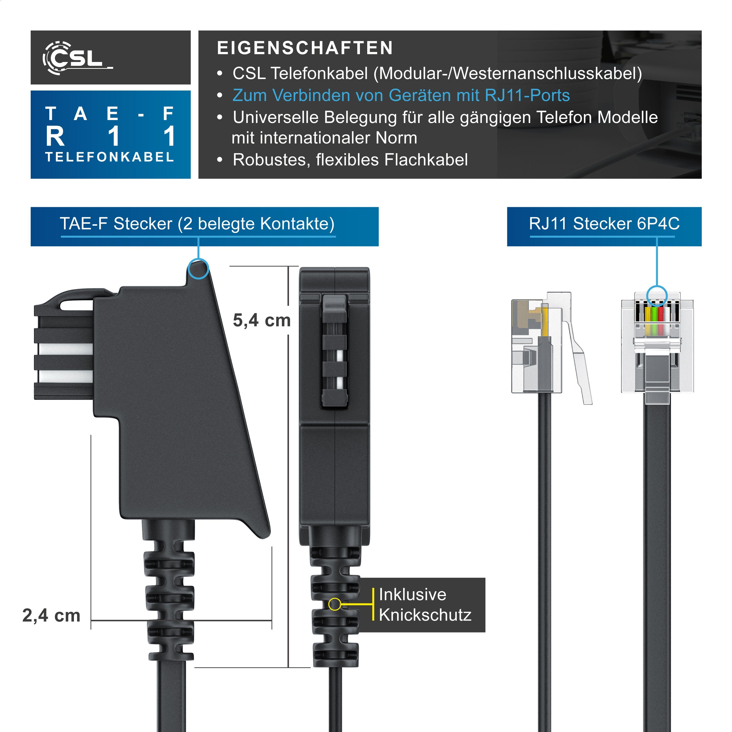 CSL Telefonkabel, TAE-F, RJ-11 (300 cm), Flachkabel TAE-F Telefondose zu Telefon Fax Anrufbeantworter, flach 3m