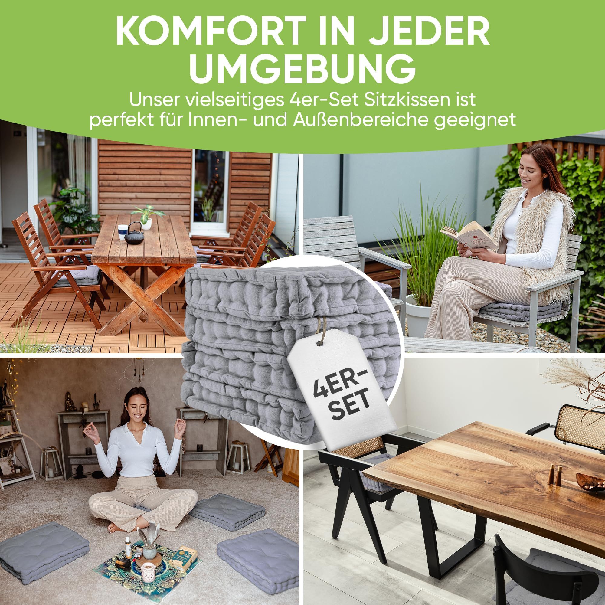 Gräfenstayn Sitzkissen 4er Set 40x40 cm mit 8 cm Polsterung aus 100 % Baumwolle -, robustes Sitzkissen für Indoor & Outdoor, bequemes Bodenkissen – Bild 4 von 5