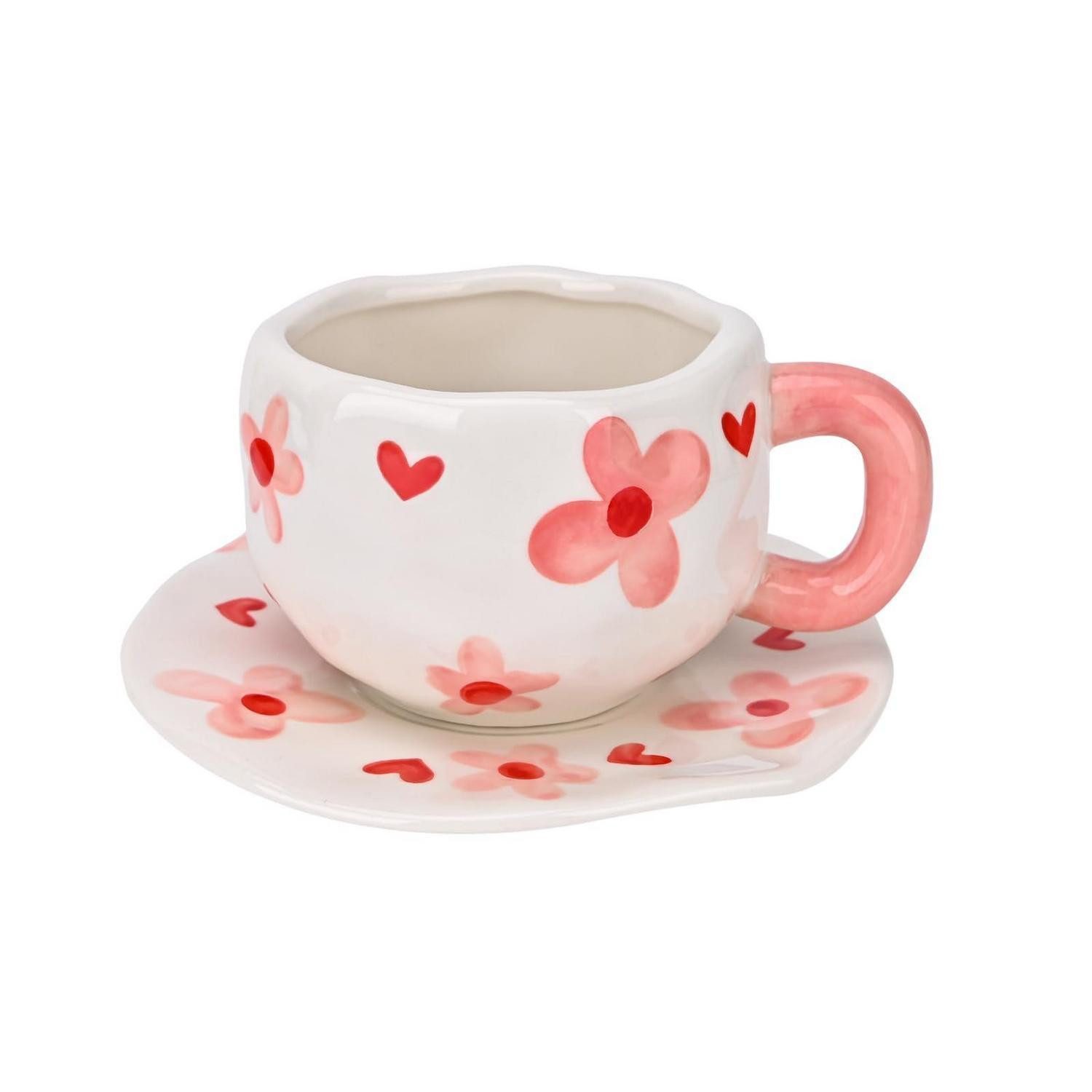 LuxusKollektion Tasse Kaffeetasse & Untersetzer Set Rosa Blume 300ml, Keramik