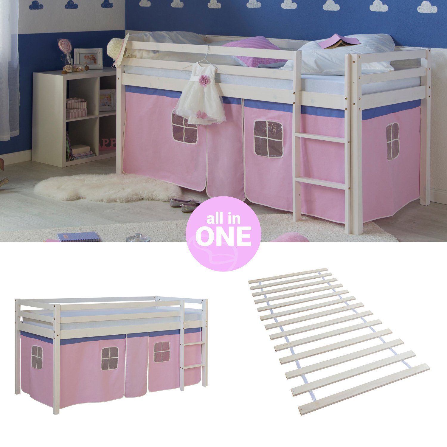 Homestyle4u Hochbett 90x200 mit Vorhang und Lattenrost in Weiß 2550 günstig online kaufen