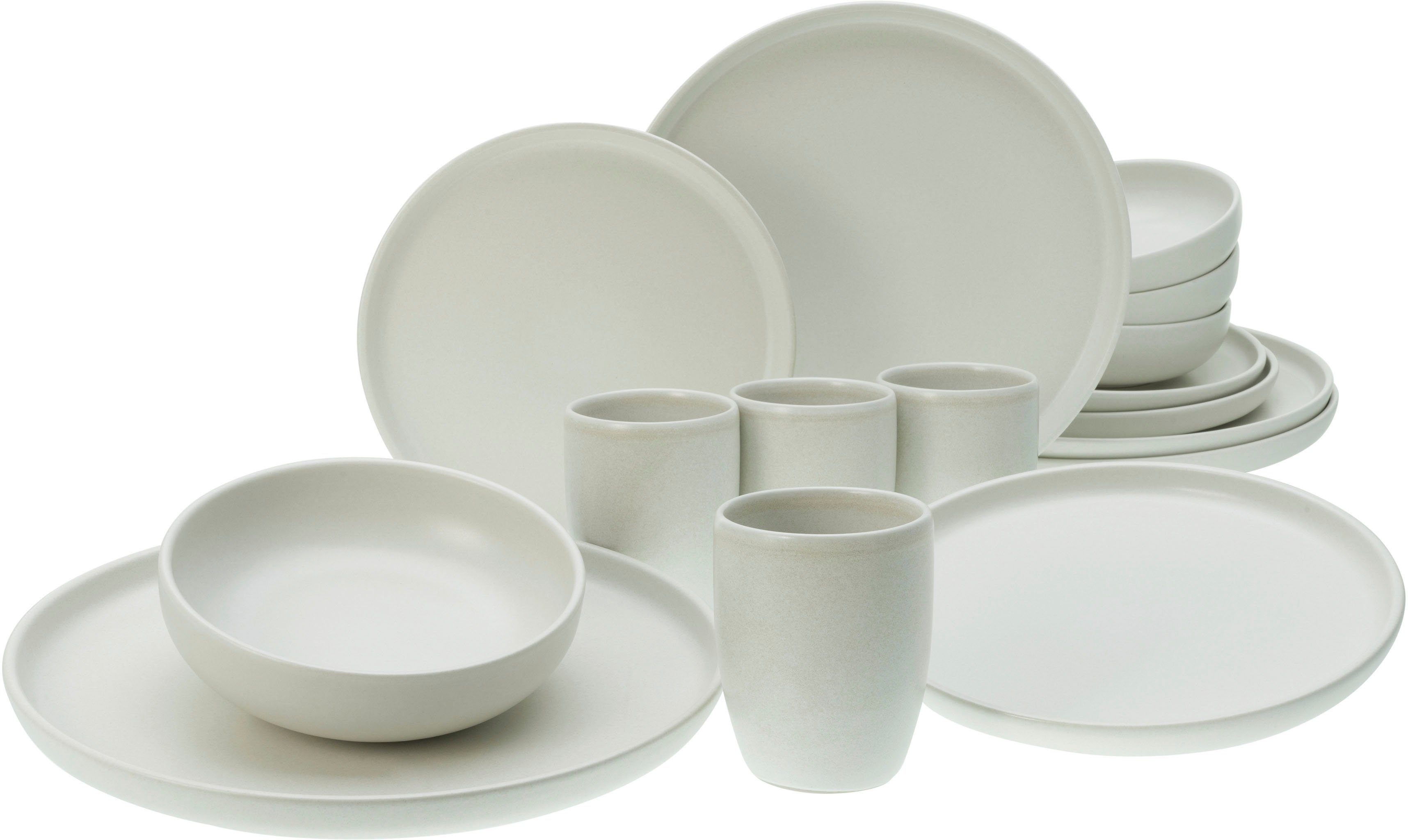 CreaTable Kombiservice Uno Offwhite (16-tlg), 4 Personen, Steinzeug, seidenmatte Glasur | Geschirr-Sets