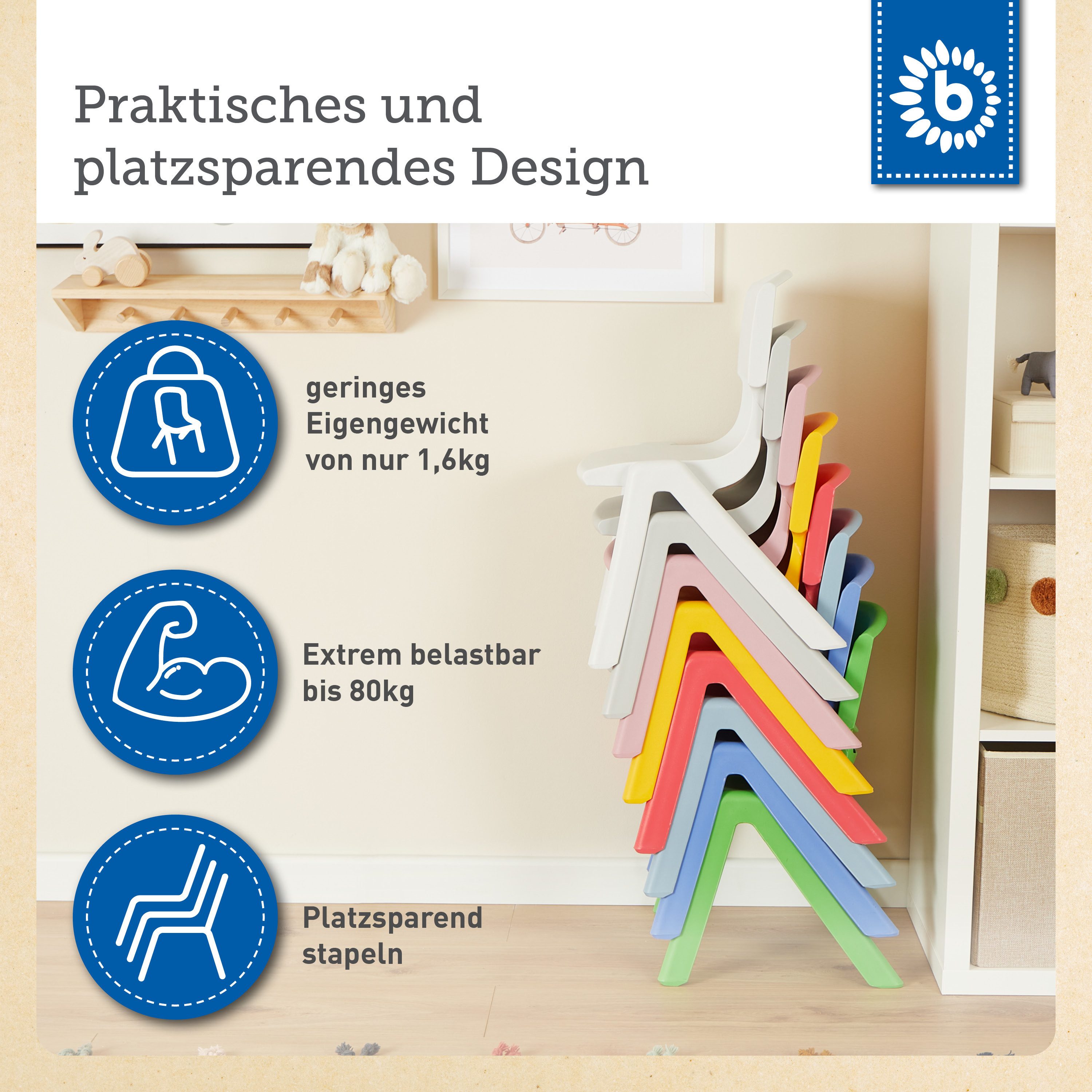 BIECO Stuhl Bieco Kinderstuhl bis 80 kg belastbar, stapelbar & kippsicher Stuhl – Bild 4 von 5