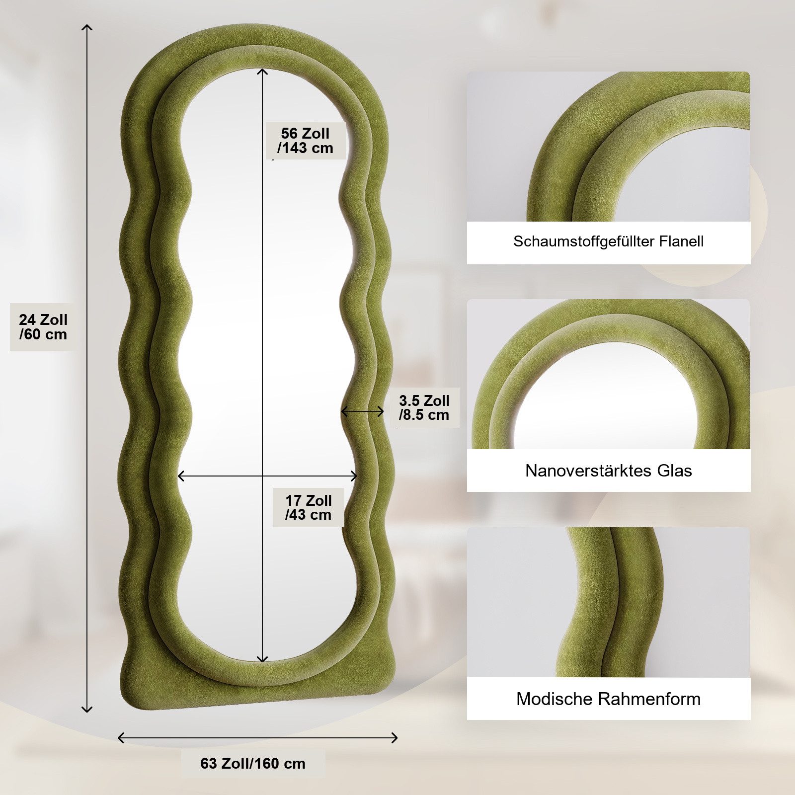 LUNAMIRROR Ganzkörperspiegel im gewellte Form, Samtbezug, Holzrahmen (1-St), stehend & hängend, 160x60 cm, Weiß/Beige/Grün/Rosa – Bild 4 von 5